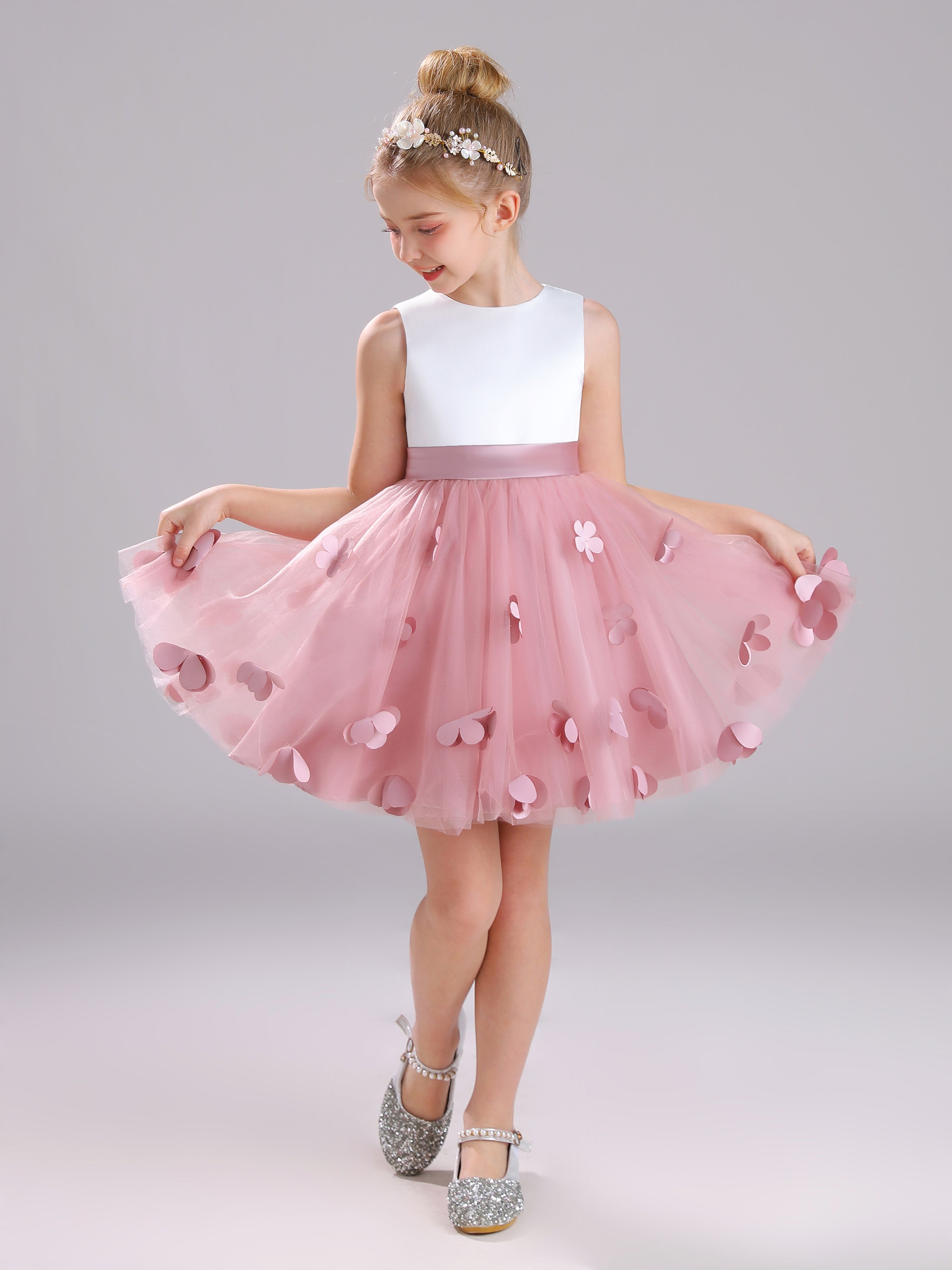 Col Bateau Sans Manches Satin&Tulle Courte Robe Fille avec Appliques Florales