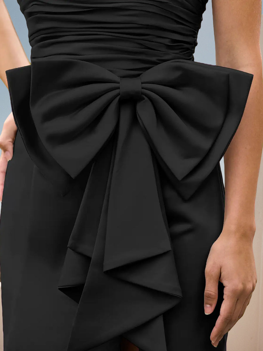 Cicinia Robe de Soirée NOIR Longue en Tissu Extensible Fourreau sans Bretelles Fente avec Grand Nœud Papillon