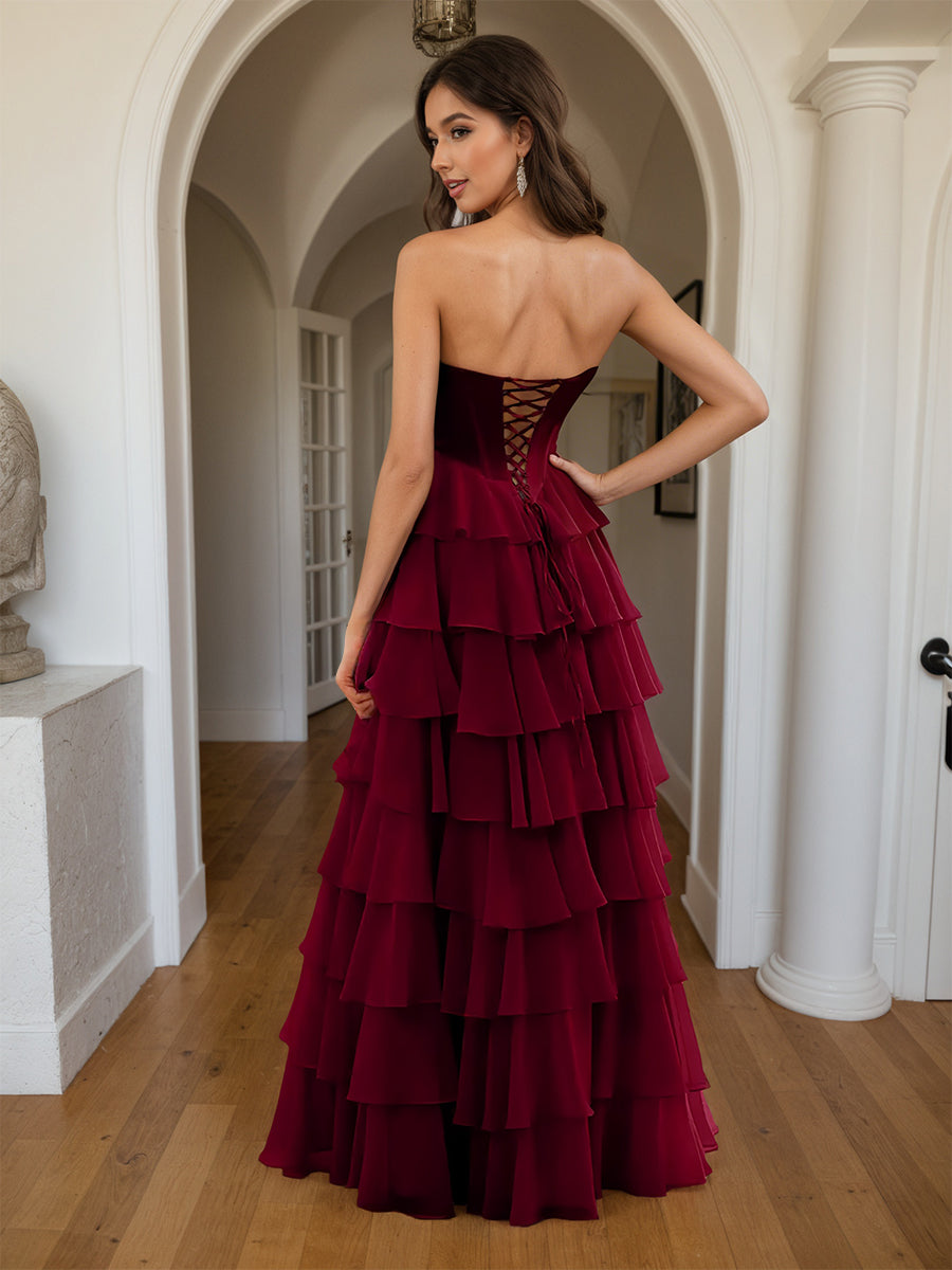 Cicinia BORDEAUX Robe de Soirée Longue A-Line Décolleté Cœur Fente à Volants