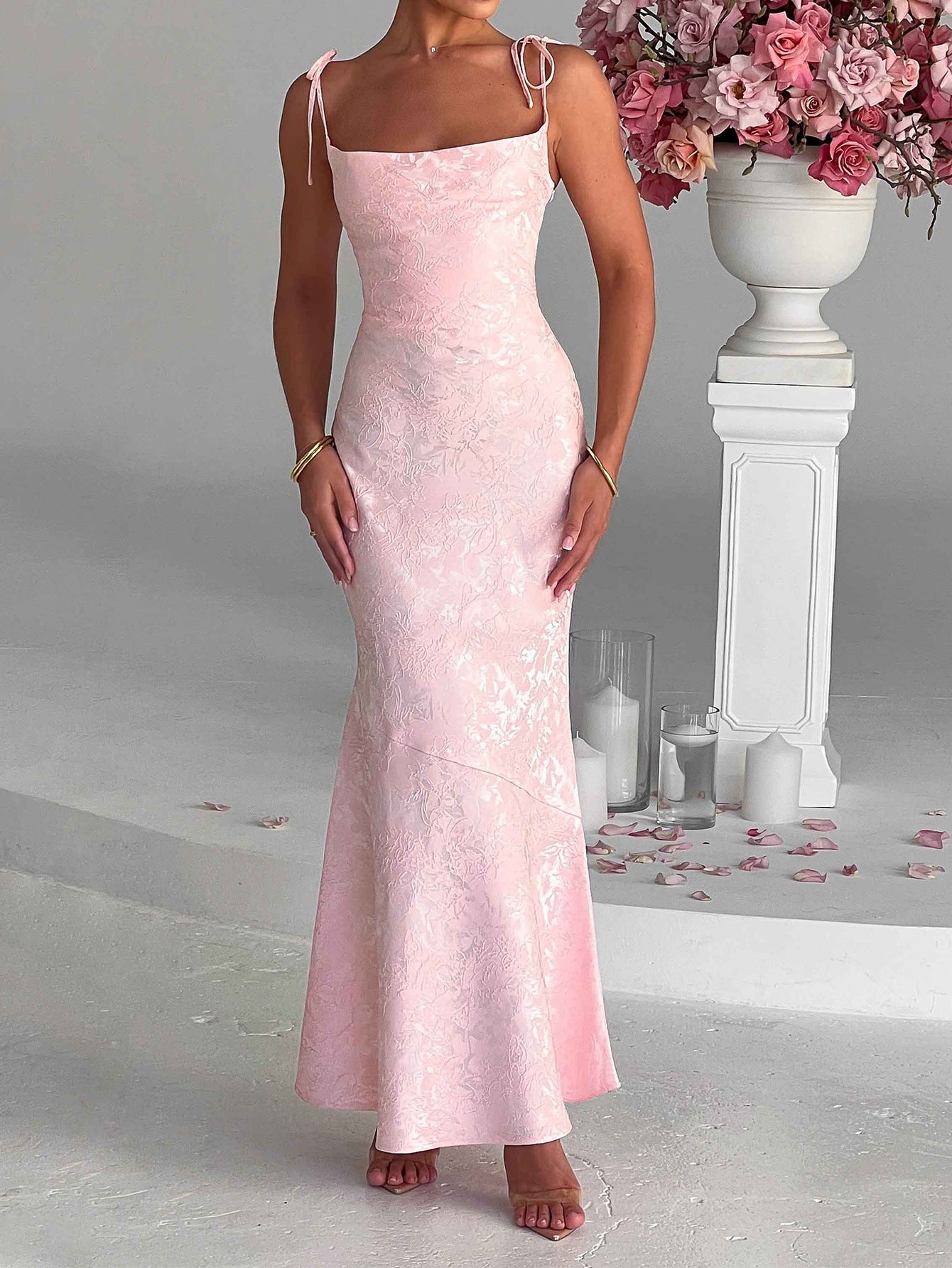 Robe Invitée Mariage ROSE_PALE Encolure Carrée Bretelles Fines Imprimée Coupe Fourreau