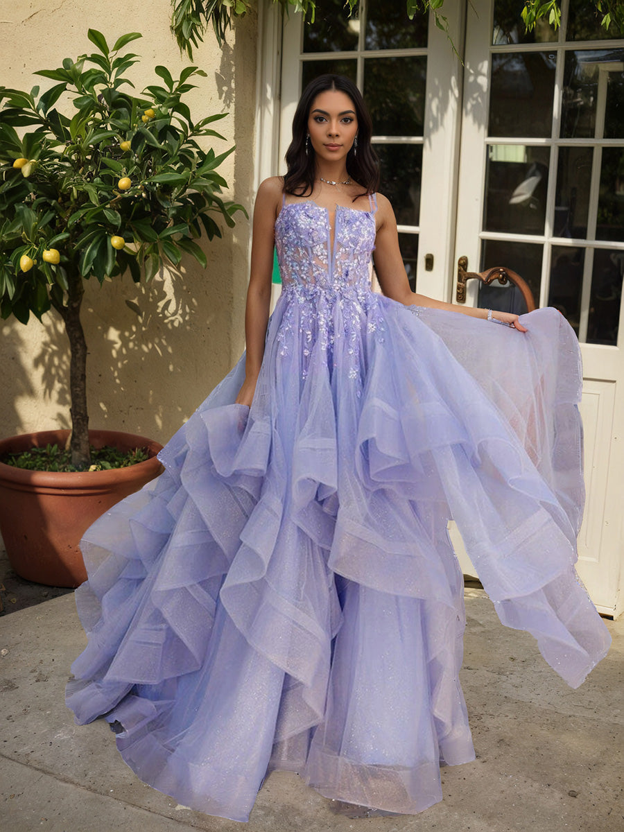 Cicinia LAVANDE Robe de Soirée Princesse Longue à Bretelles Spaghetti à Volants Unique