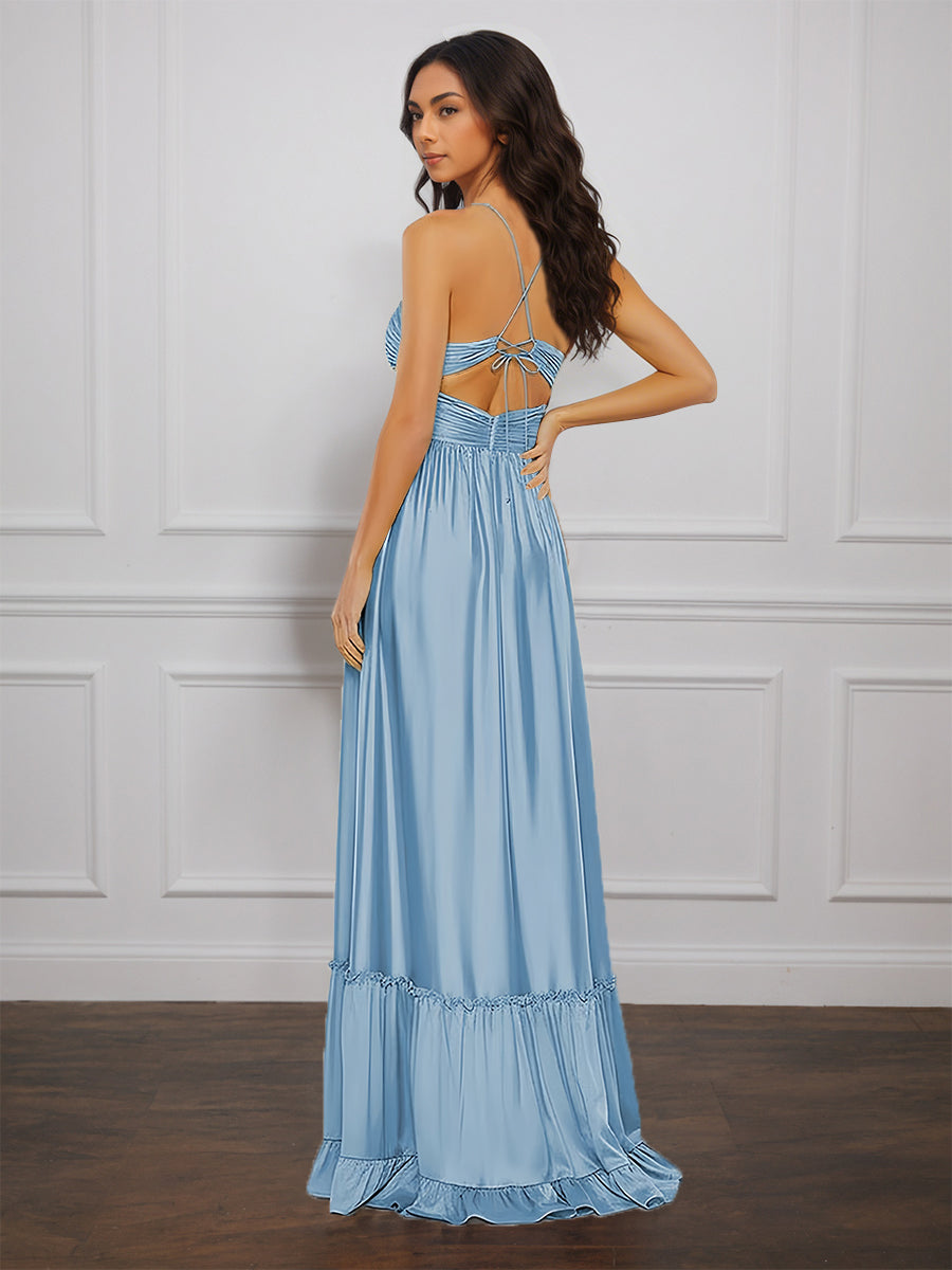 Cicinia BLEU_CIEL Robe de Soirée Longue en Satin Doux A-Line Bretelles Spaghetti Traîne Balayée