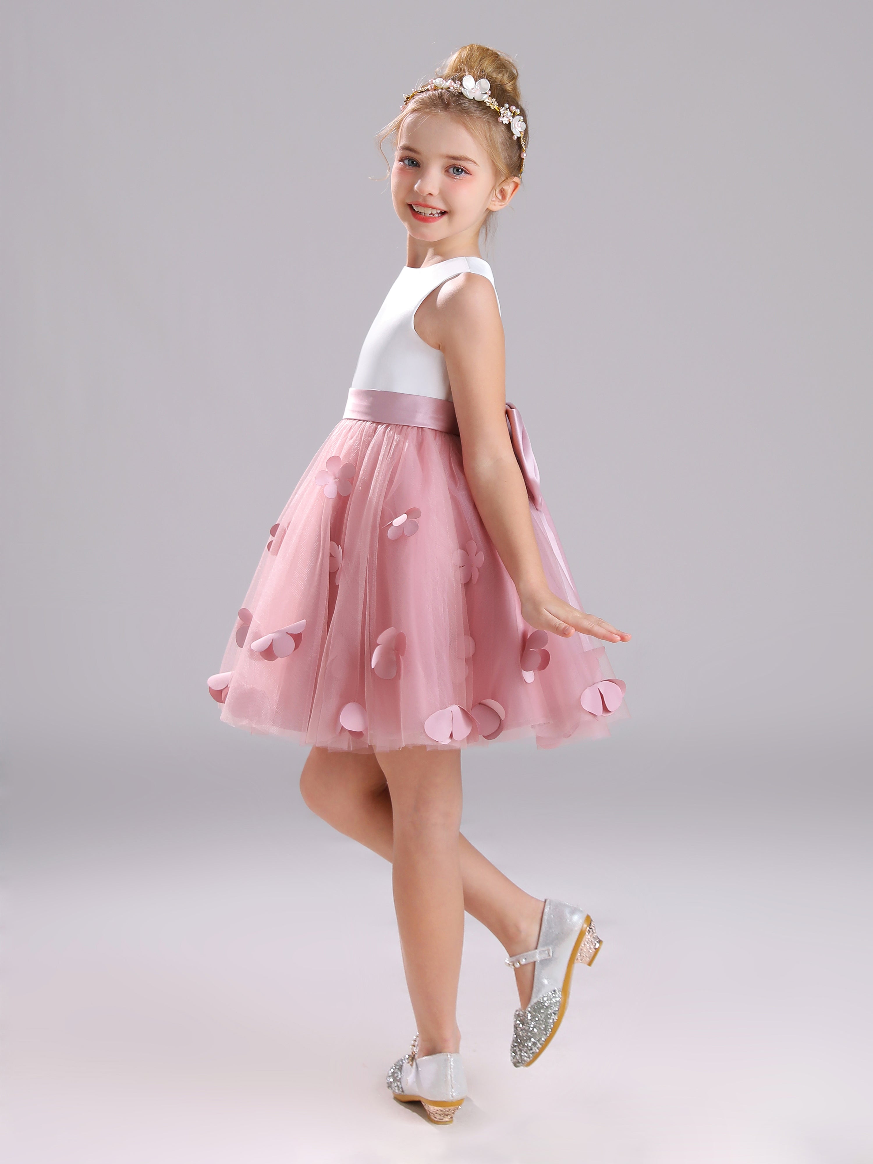 Col Bateau Sans Manches Satin&Tulle Courte Robe Fille avec Appliques Florales