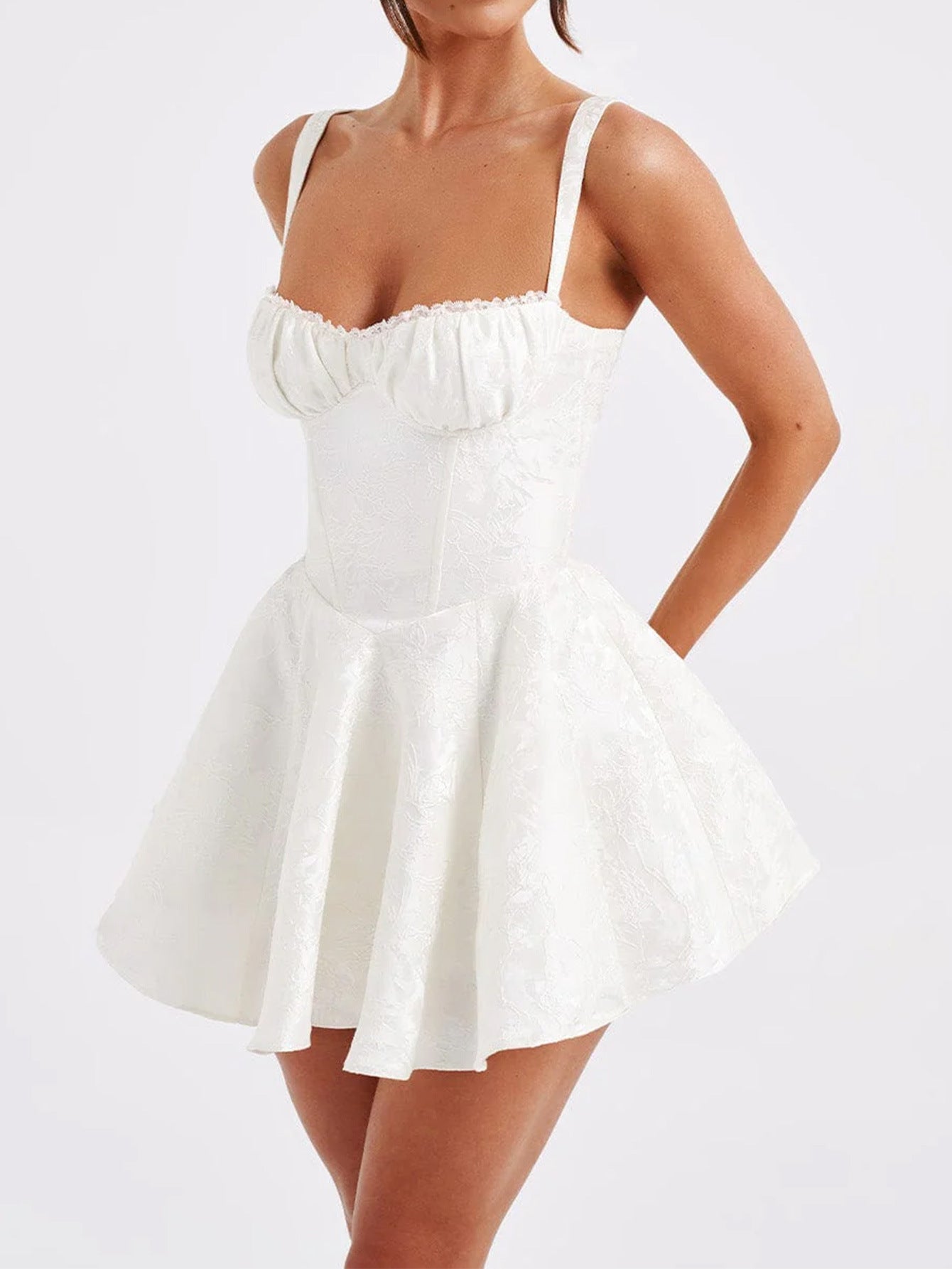 Robe Invitée Mariage IVOIRE Mini Florale Encolure Carrée avec Nœud