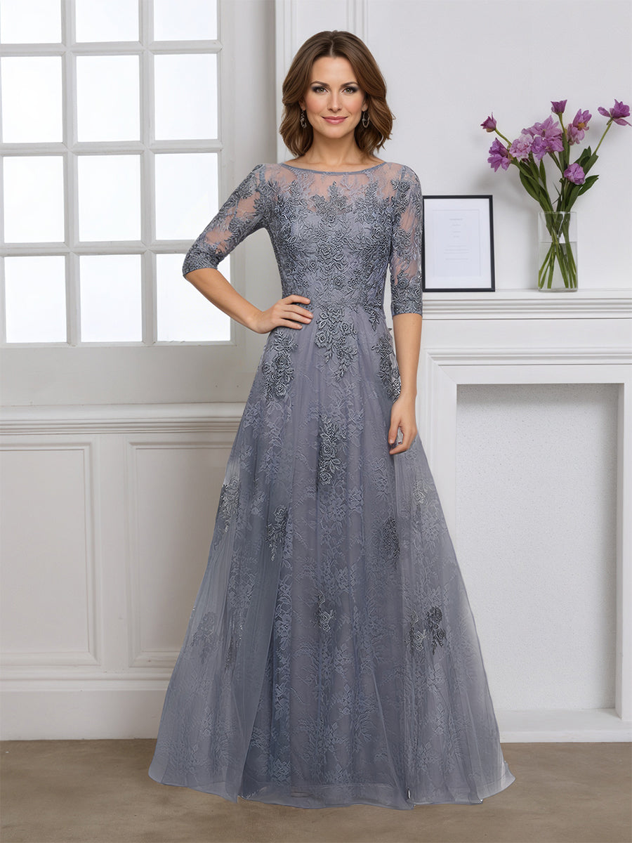 Cicinia Robe pour Mère de la Mariée GRIS ACIER Longue en Tulle Appliqués Dentelle Manches Demi-longues Longueur Sol