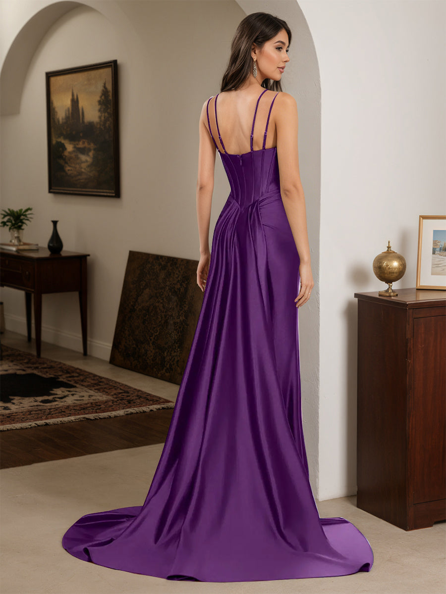 Cicinia Robe de Soirée Raisin Longue Fourreau à Bretelles Spaghetti Perlé Fente