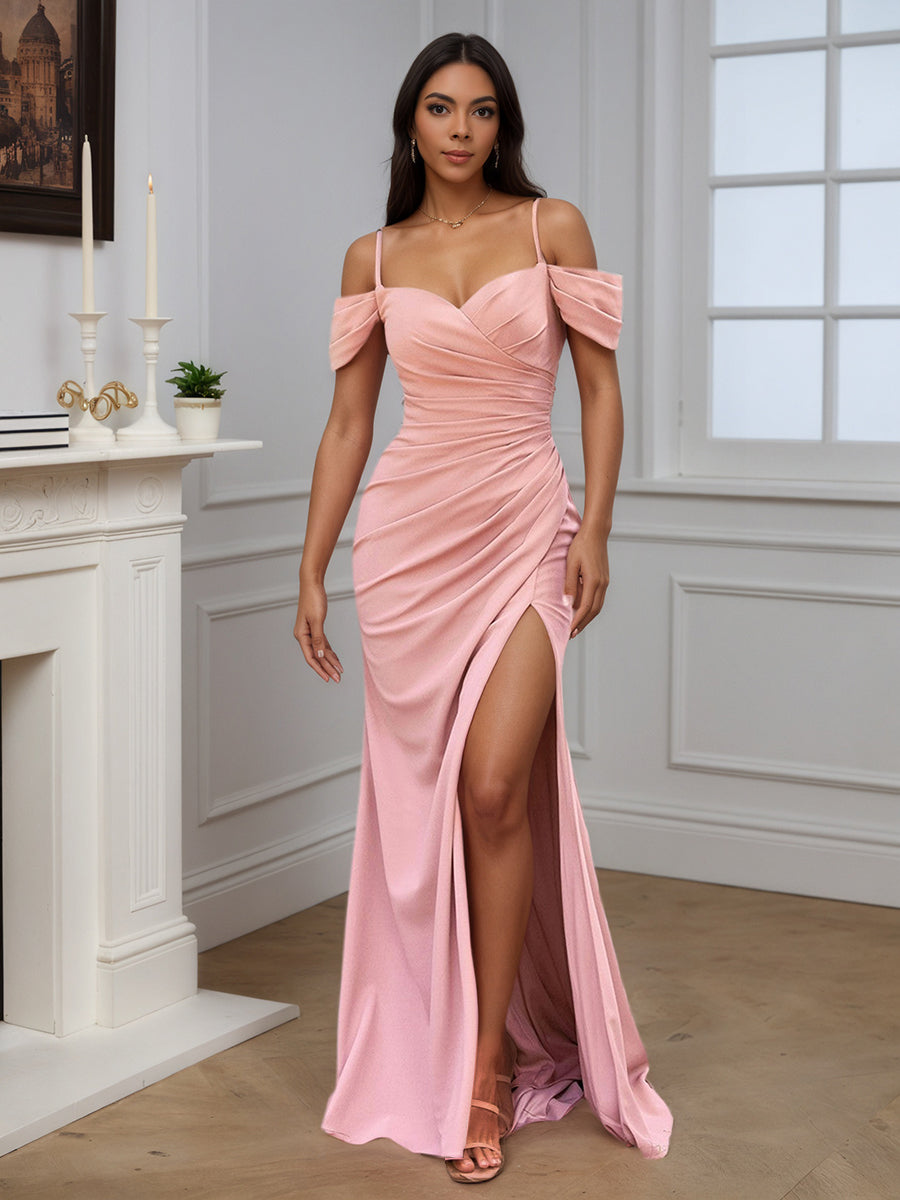 Cicinia Rose Robe de Soirée Longue Fourreau à Bretelles Spaghetti Fente Élégante