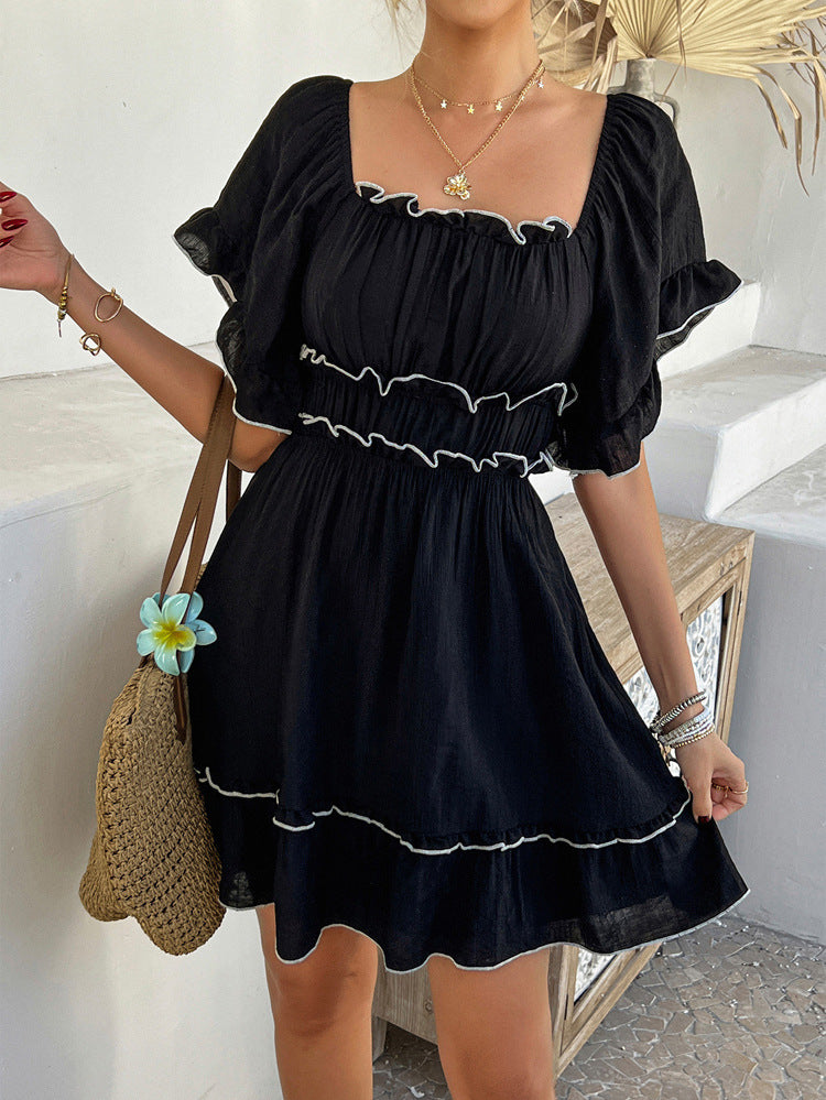 Robe Invitée Mariage Noir Manches Courtes Ivory À Volants Encolure Convertible