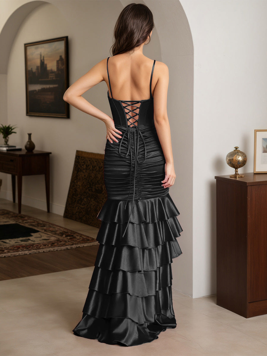 Cicinia Noir Robe de Soirée Longue en Satin Extensible Fourreau à Bretelles Spaghetti à Volants Fente