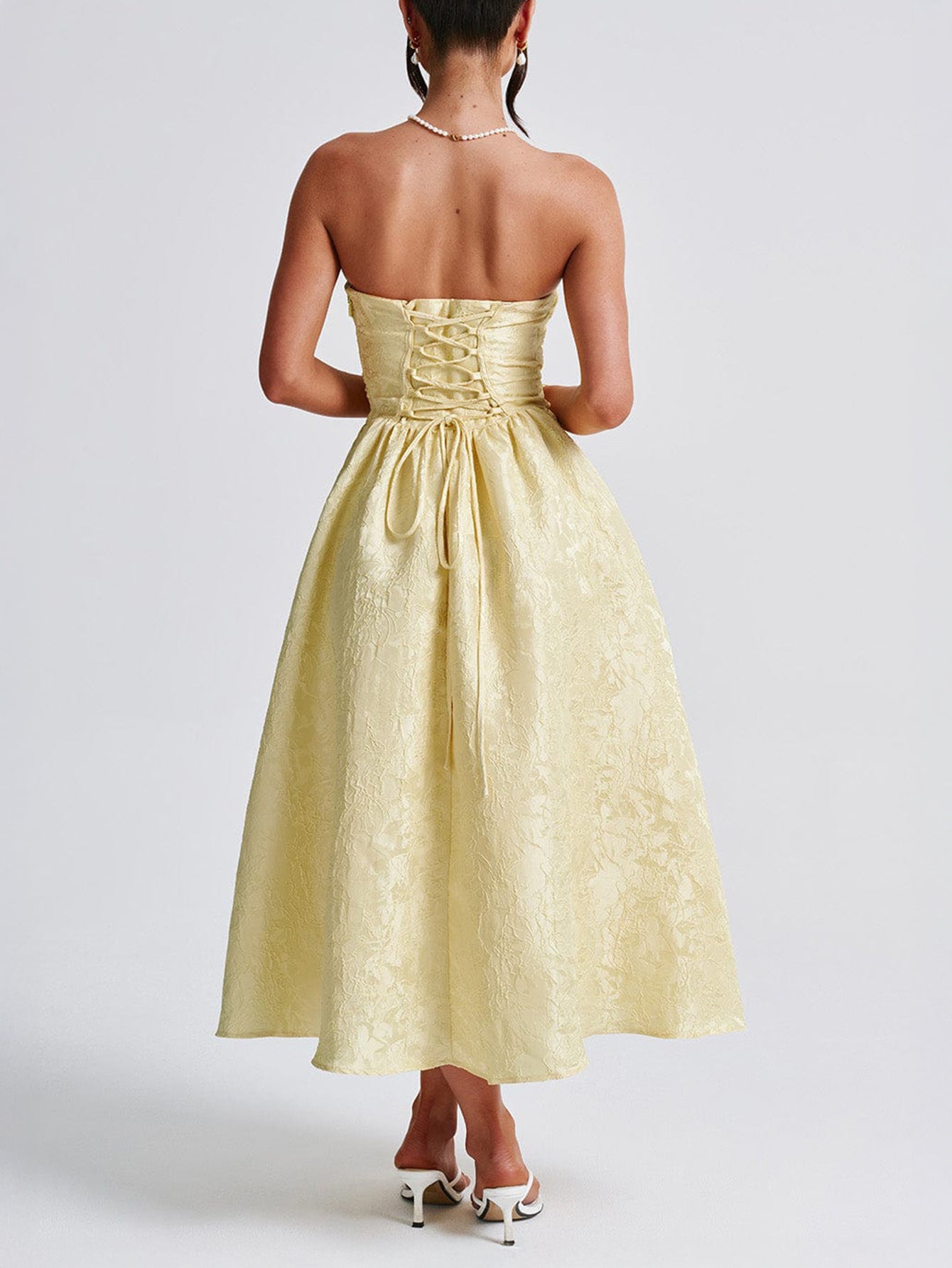 Robe Invitée Mariage JONQUILLE Florale Taille Empire Sans Bretelle