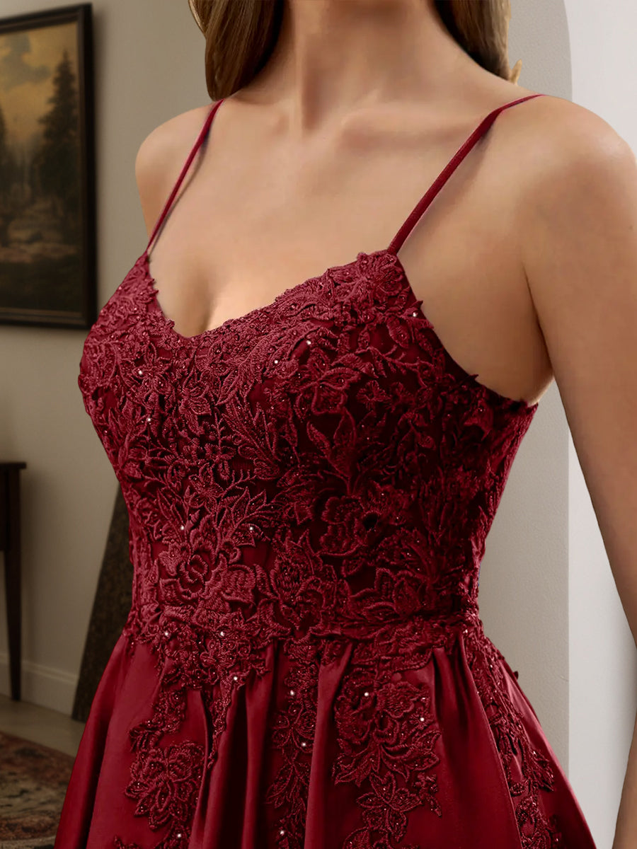 Cicinia Robe de Soirée BORDEAUX Longue A-Line en Satin Appliqués Dentelle Longueur Sol