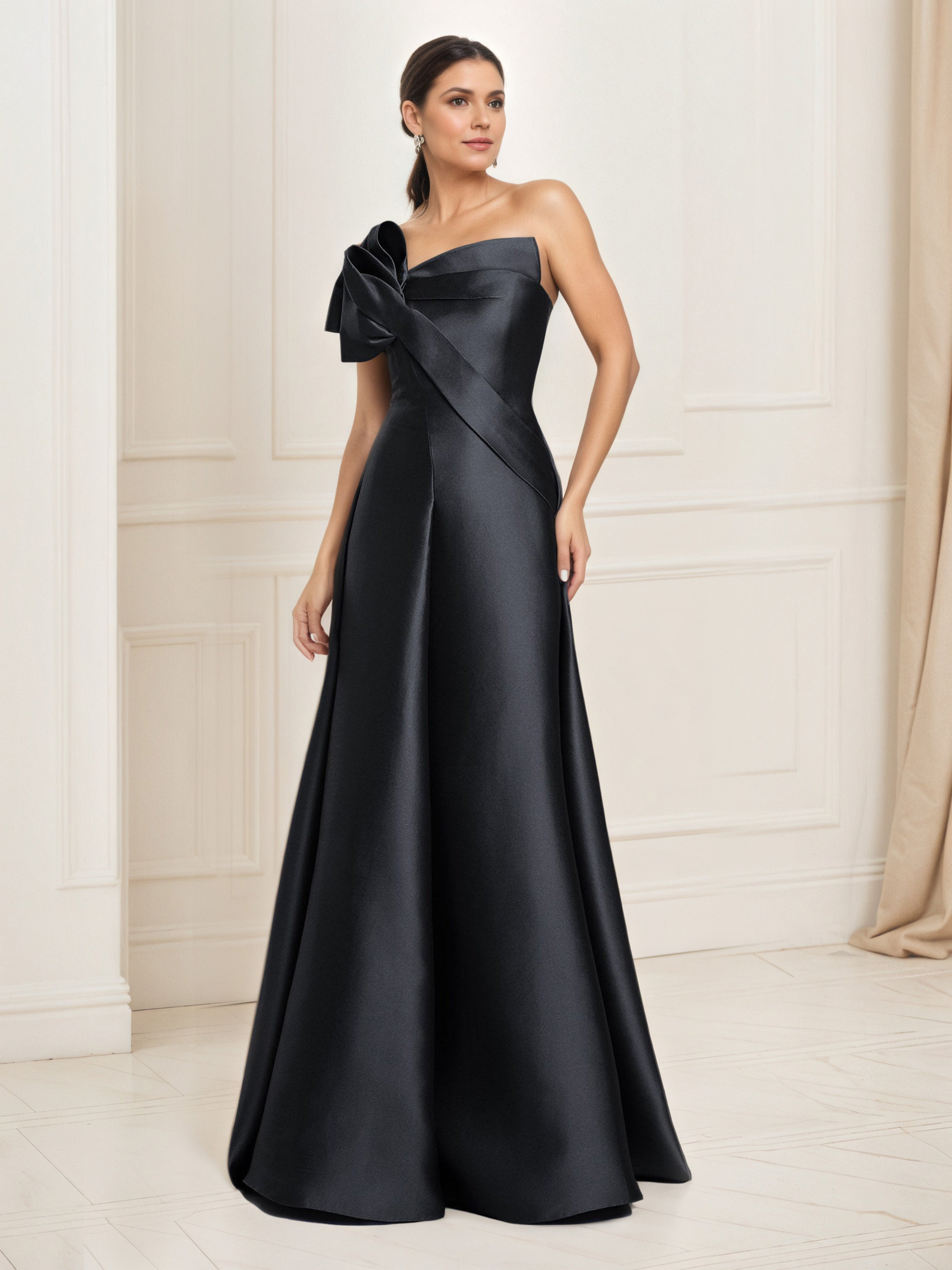 Robe de Bal Longue Noir A-Line en Satin Sans Bretelles avec Volants Décoratifs