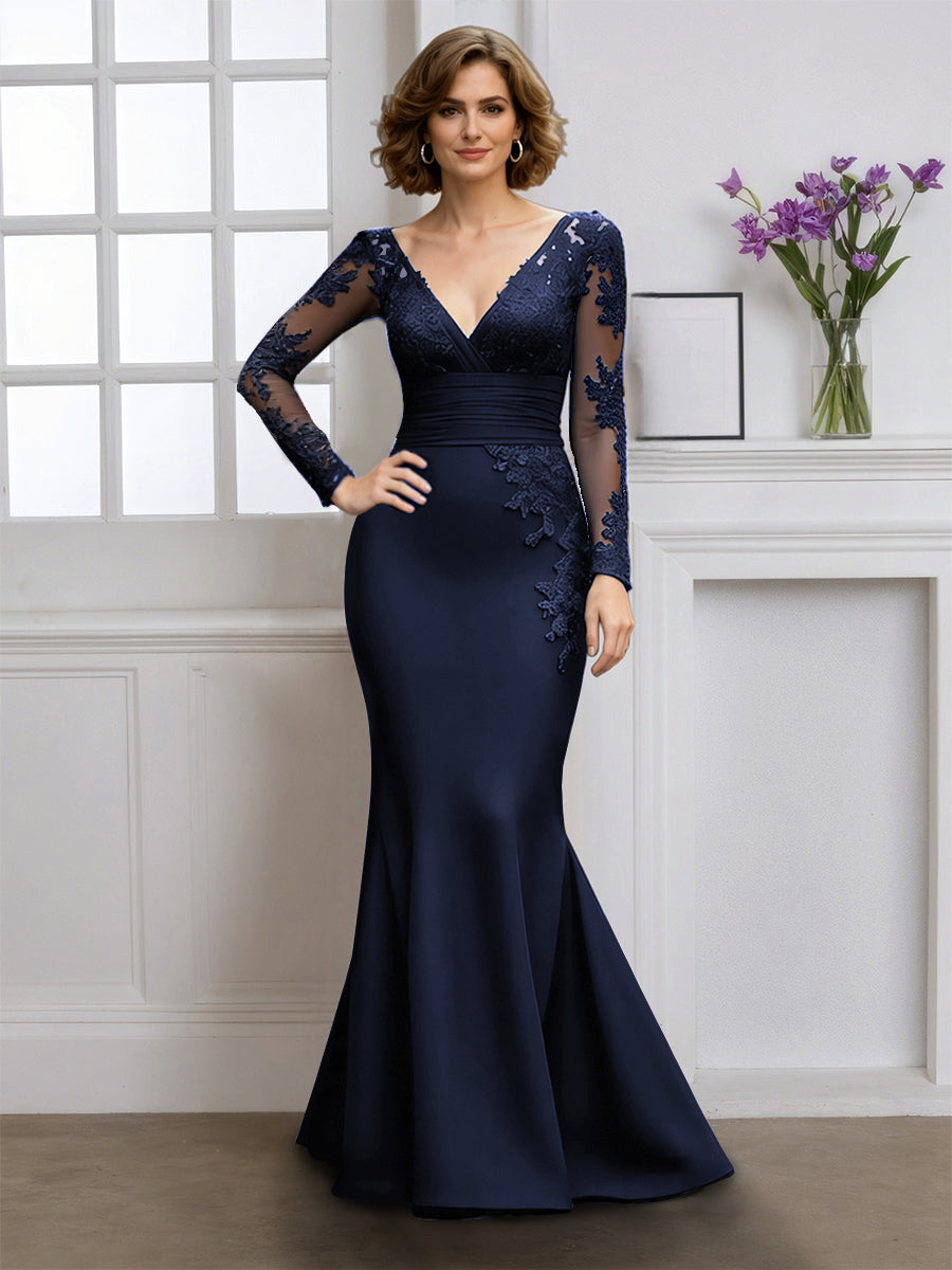 Cicinia Robe pour Mère de la Mariée BLEU MARINE Longue en Tissu Extensible Sirène Décolleté en V