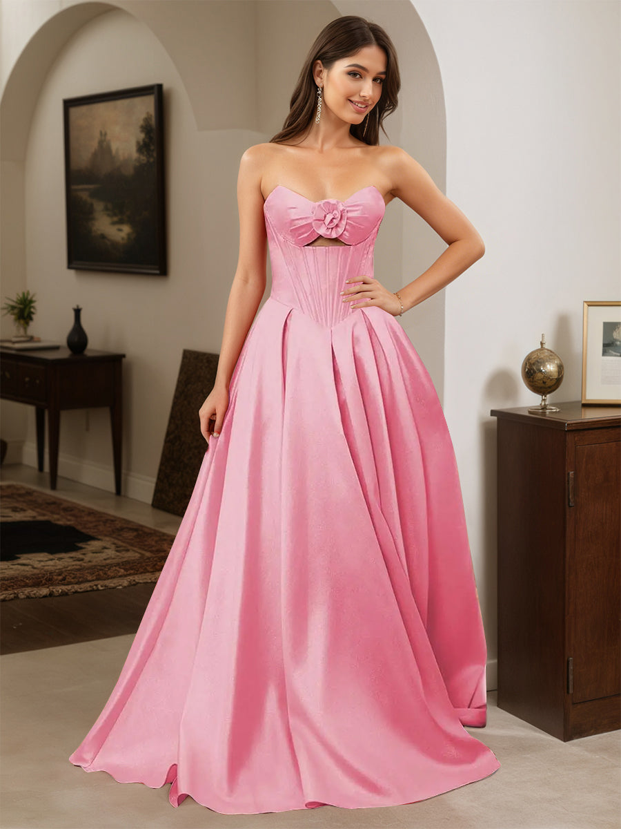 Cicinia Robe de Soirée FLAMANT Longue A-Line en Satin sans Bretelles Longueur Sol
