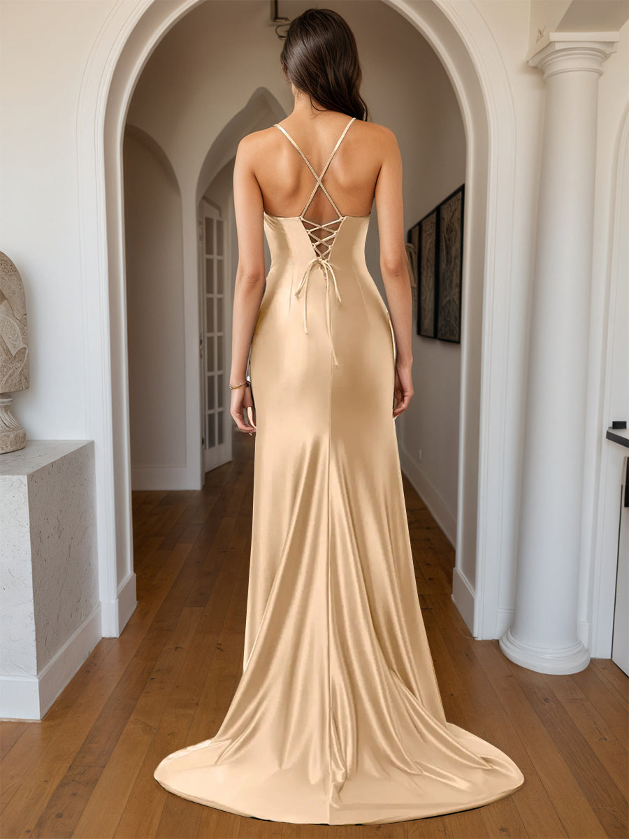 Cicinia Champagne Robe de Soirée Longue Fourreau en Satin Doux à Bretelles Spaghetti Fente Dos Nud