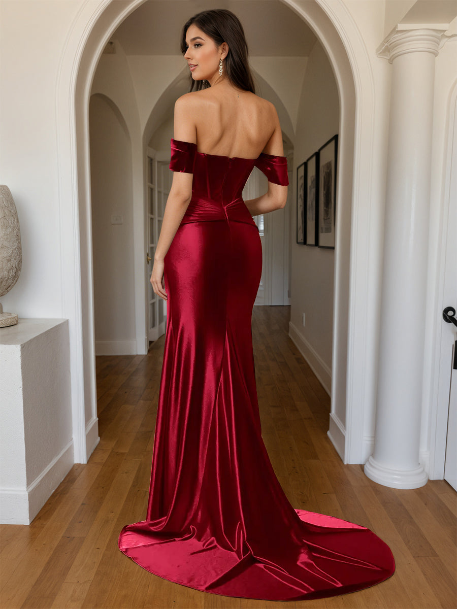 Cicinia BORDEAUX Robe de Soirée Longue Fourreau en Satin Doux Fente Épaules Dénudées avec Traîne Balayée