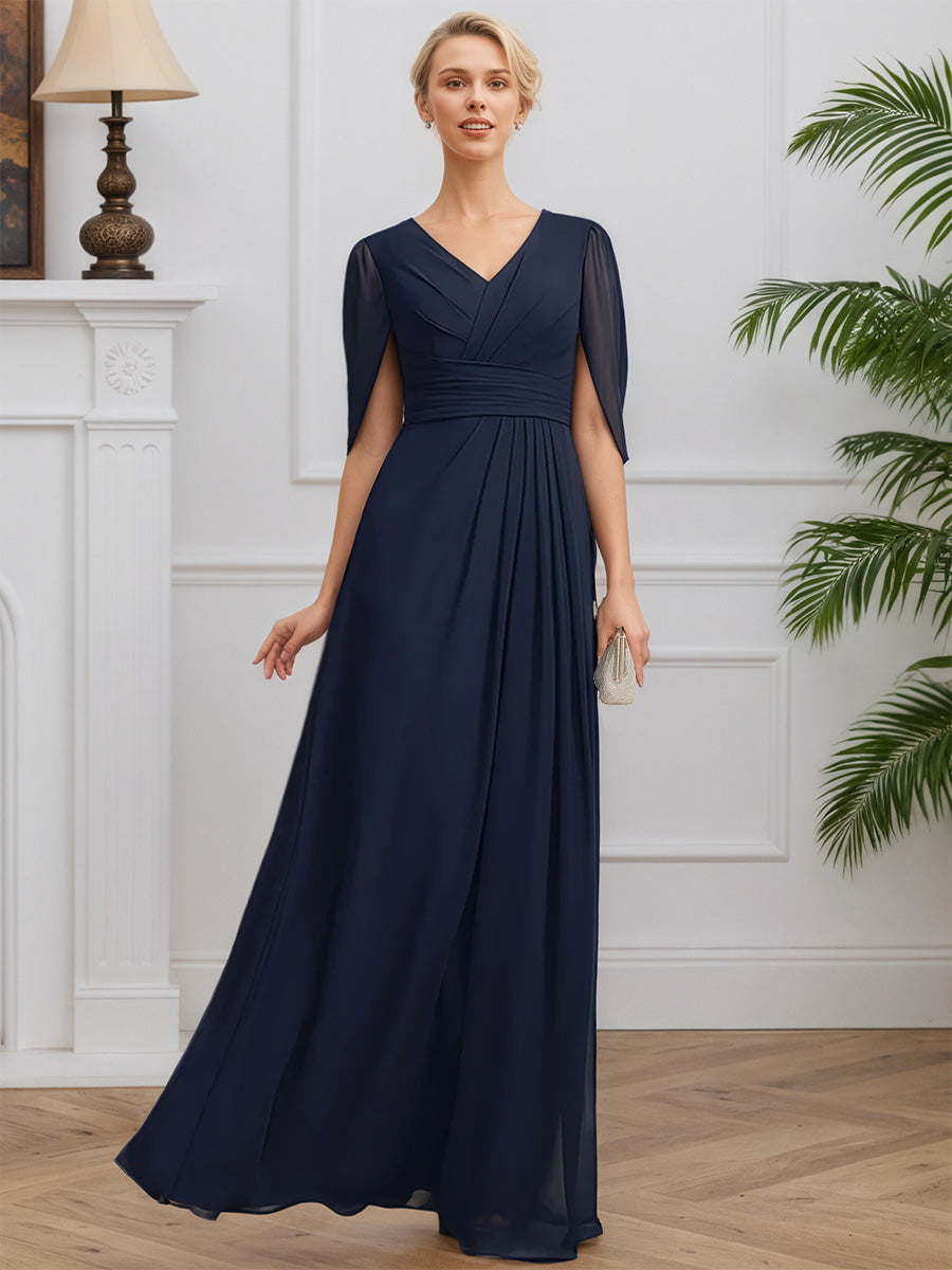 Cicinia Bleu Marine Robe pour Mère de la Mariée Longue en Mousseline A-Line Longueur Sol Décolleté en V