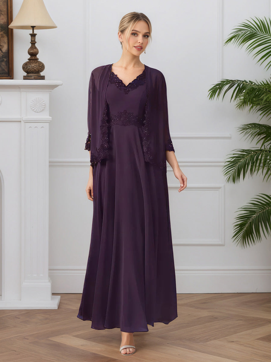 Cicinia Prune Robe avec Veste pour Mère de la Mariée Longue en Mousseline et Dentelle A-Line Décolleté en V 2 Pièces