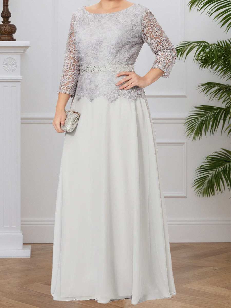 Cicinia Argent Robe pour Mère de la Mariée Longue en Mousseline et Dentelle A-Line Longueur Sol Grande Taille