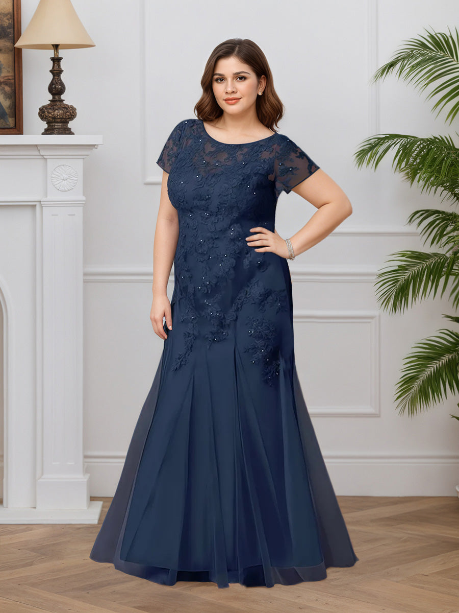 Cicinia Bleu Marine Foncé Robe pour Mère de la Mariée Longue en Dentelle et Tulle Sirène Longueur Sol Grande Taille