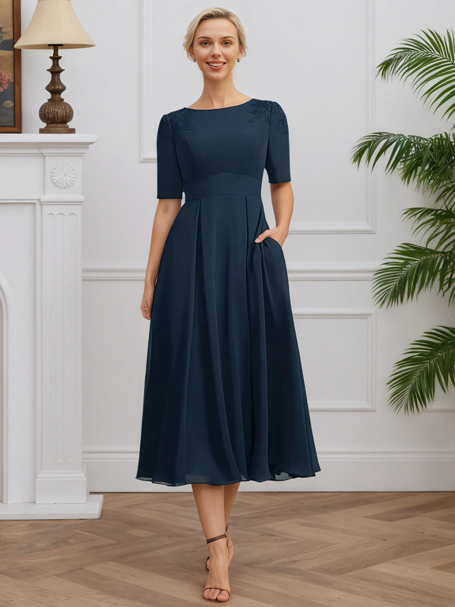 Cicinia Bleu Marine Robe pour Mère de la Mariée Longue en Mousseline et Dentelle Longueur Midi (Thé) Manches Demi-longues