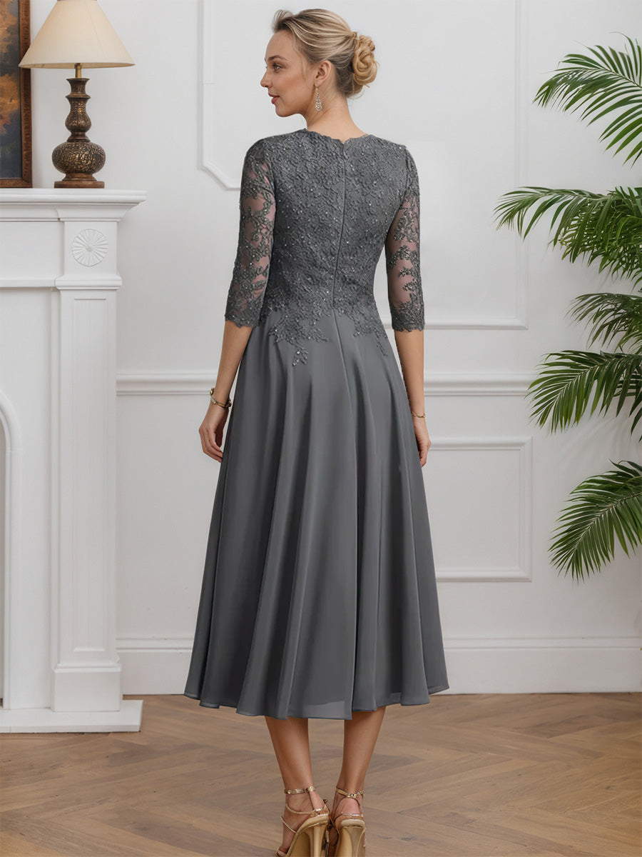Cicinia Gris Acier Robe pour Mère du Marié Longue en Mousseline et Dentelle A-Line Décolleté en V Longueur Midi (Thé)
