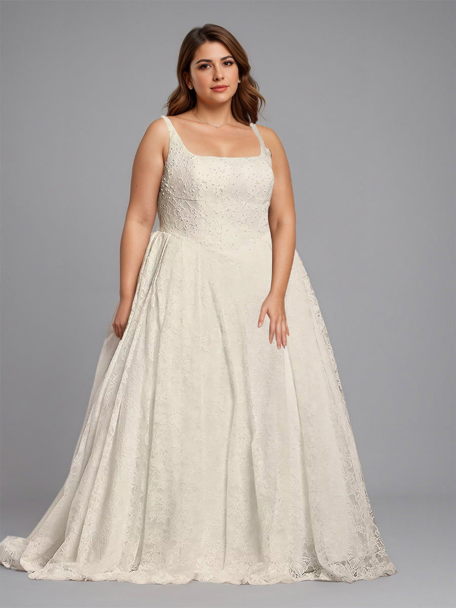Cicinia Ivoire Robe de Mariée A-Line en Dentelle sans Manches Décolleté Carré Charmante
