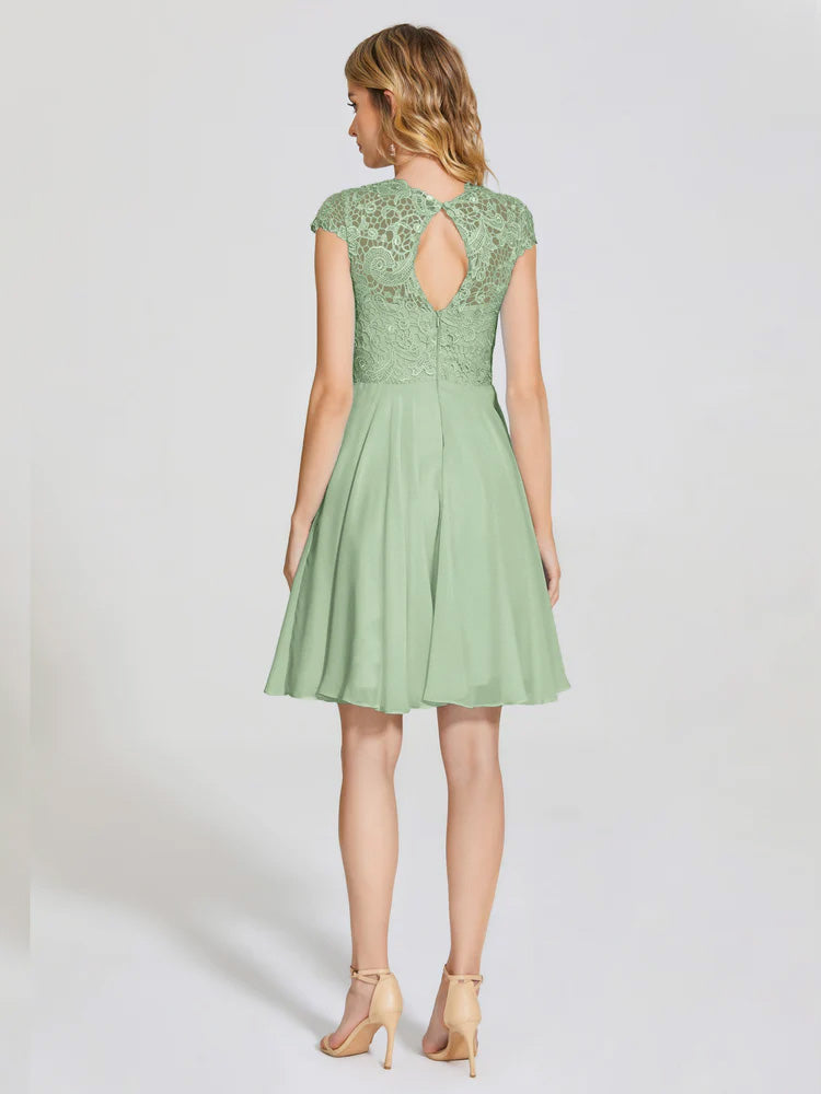 Robe Demoiselle D Honneur Sauge Poudré Trapèze Courte Dentelle Mousseline Robe De Demoiselle D'Honneur