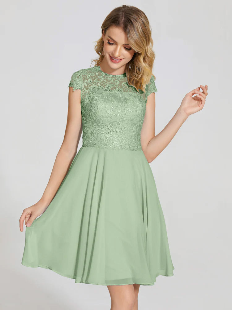 Robe Demoiselle D Honneur Sauge Poudré Trapèze Courte Dentelle Mousseline Robe De Demoiselle D'Honneur
