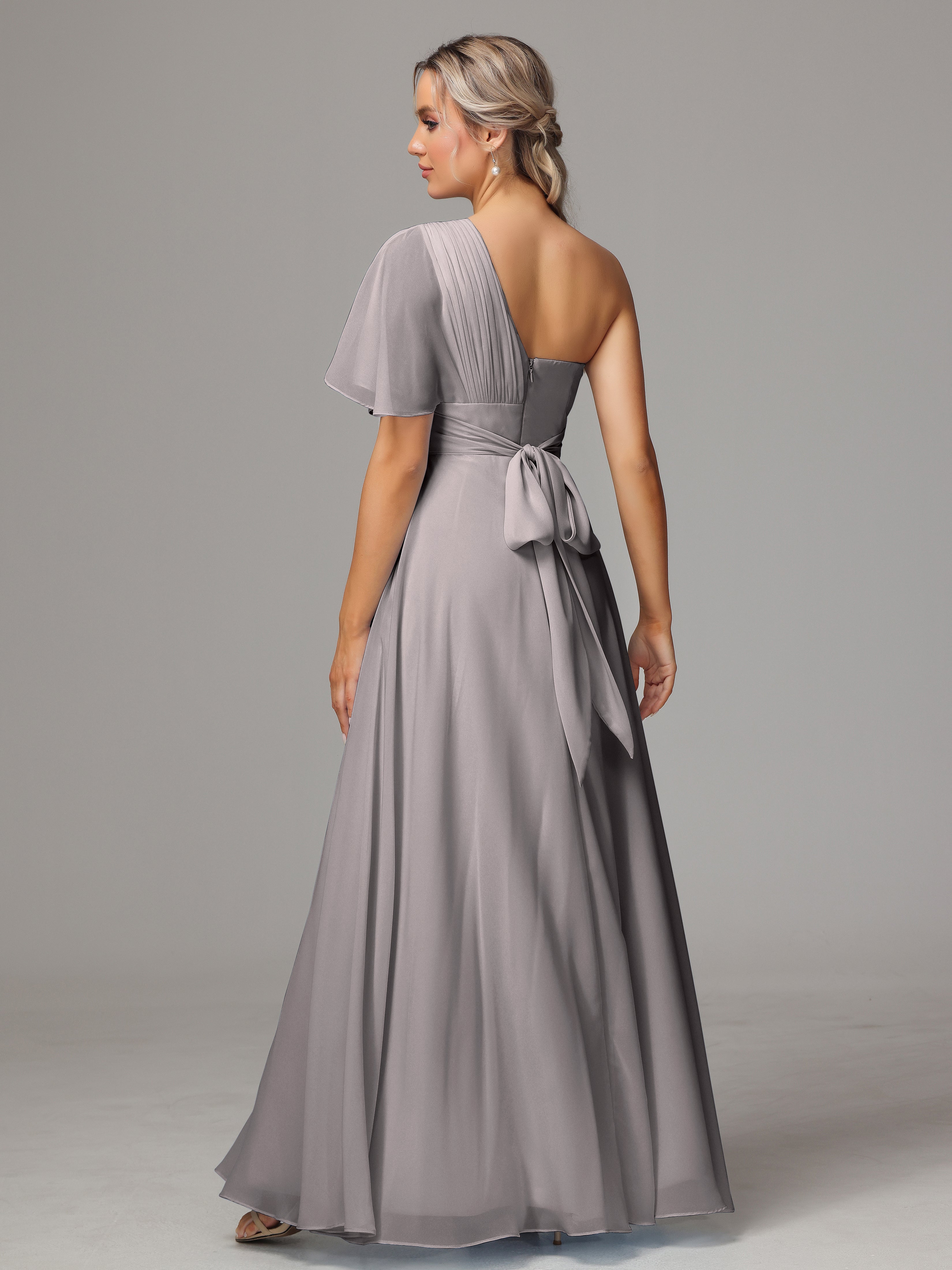 Robes De Demoiselle D'Honneur En Argent Fendue Seule Épaule Mousseline Robe Demoiselle D'Honneur