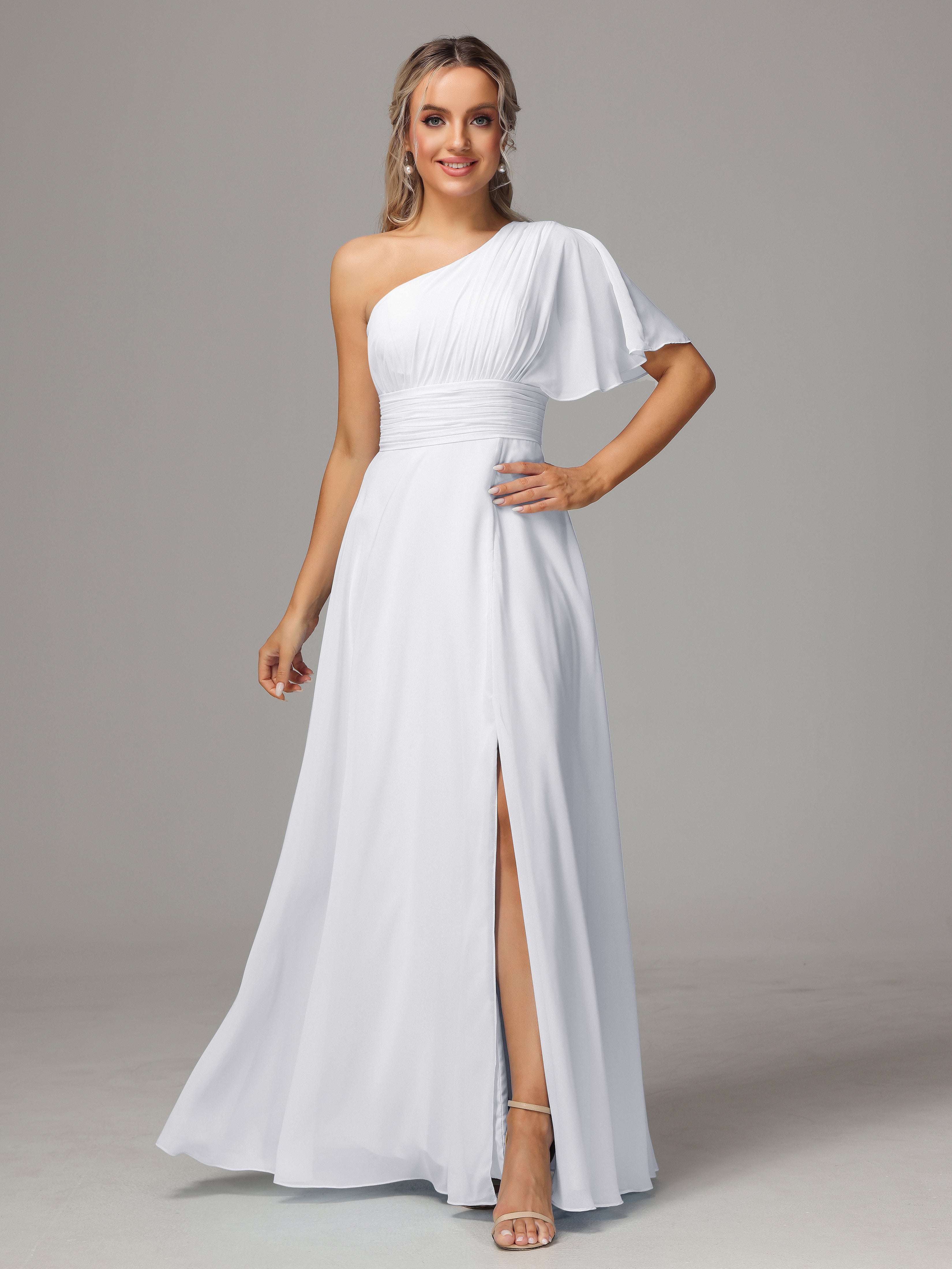 Robes De Demoiselle D'Honneur Blanches Fendue Seule Épaule Mousseline Robe Demoiselle D'Honneur