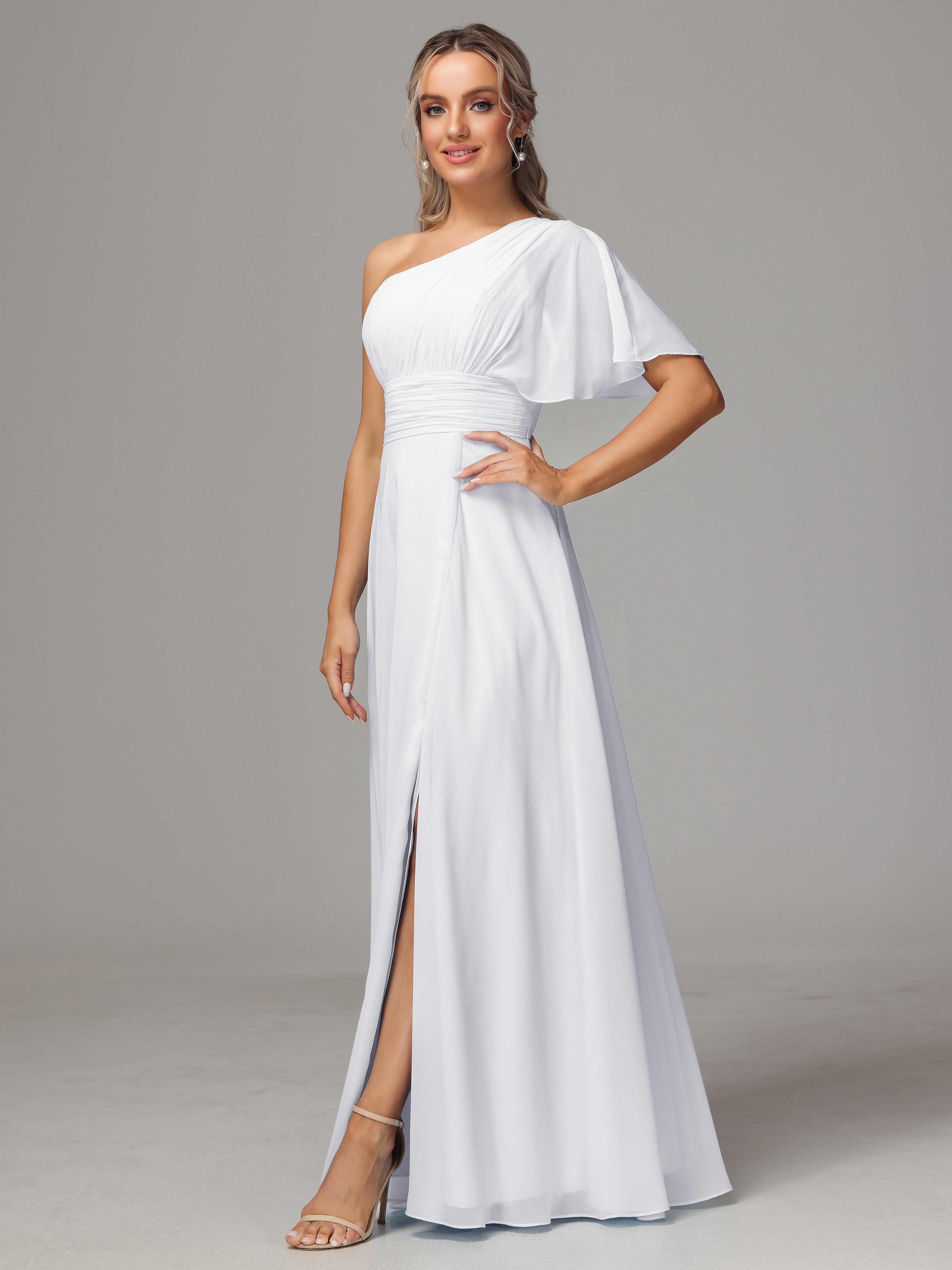 Robes De Demoiselle D'Honneur Blanches Fendue Seule Épaule Mousseline Robe Demoiselle D'Honneur