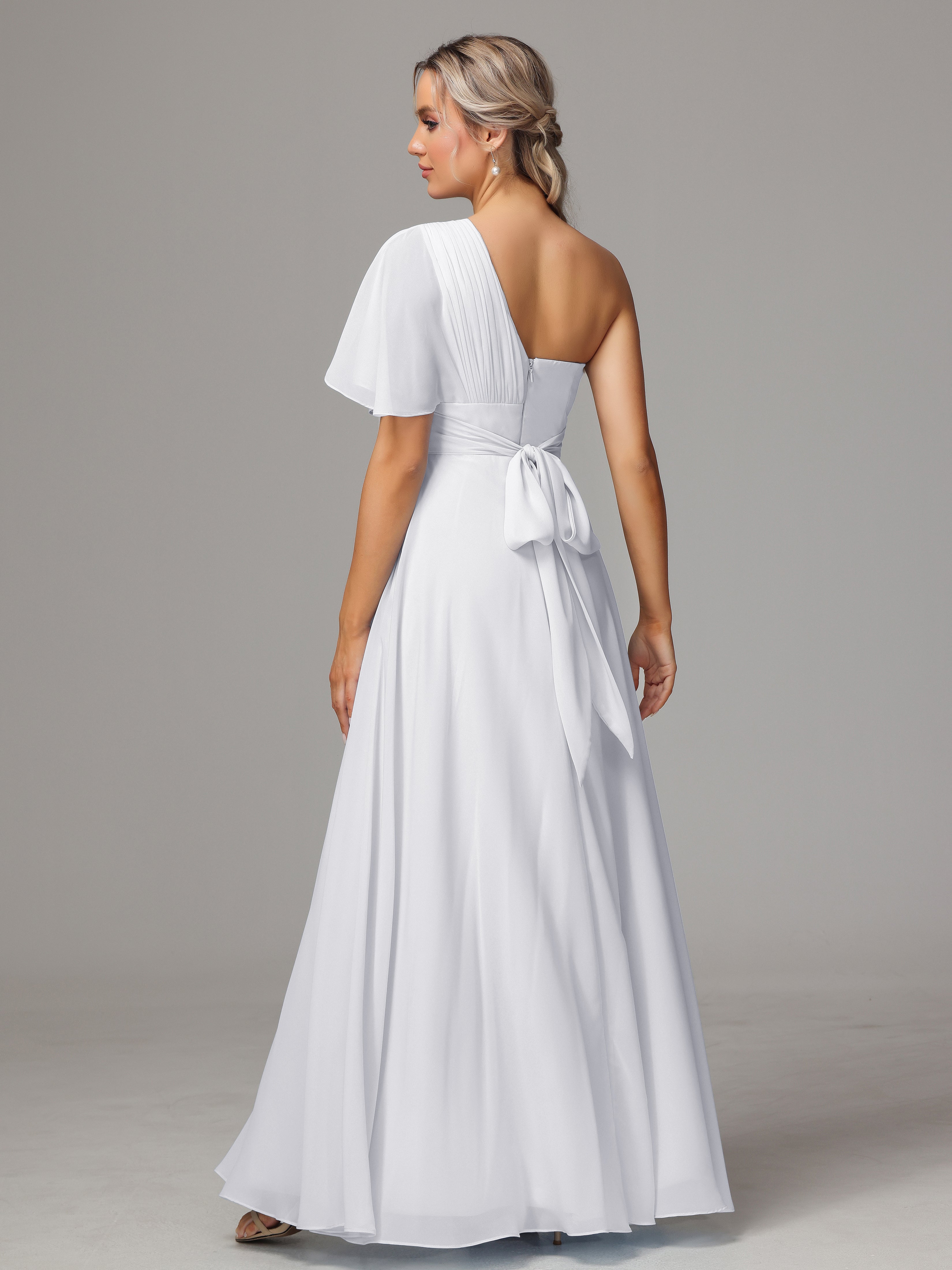 Robes De Demoiselle D'Honneur Blanches Fendue Seule Épaule Mousseline Robe Demoiselle D'Honneur