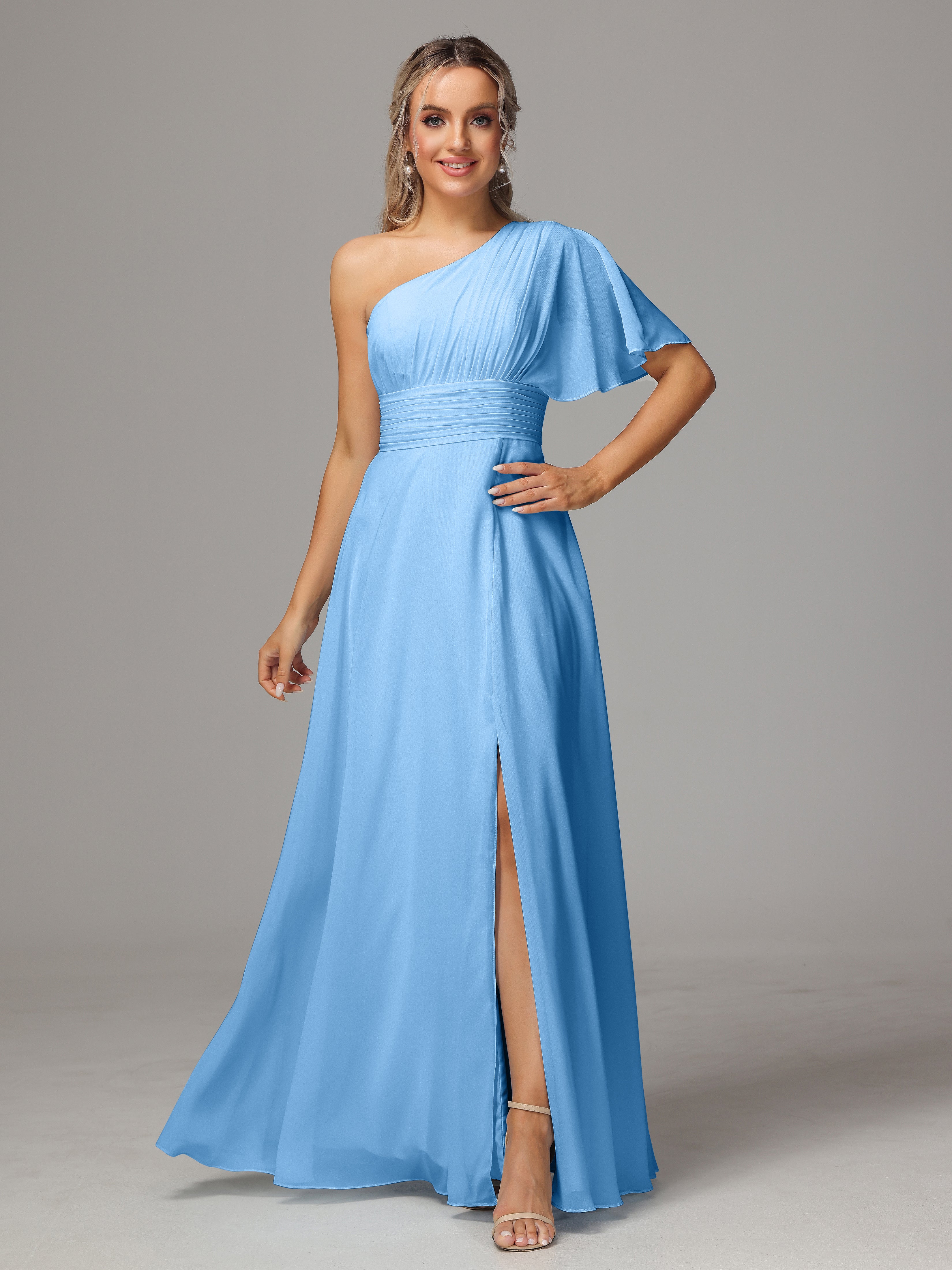 Robes De Demoiselle D'Honneur Bleues Longues Fendue Seule Épaule Mousseline Robe Demoiselle D'Honneur