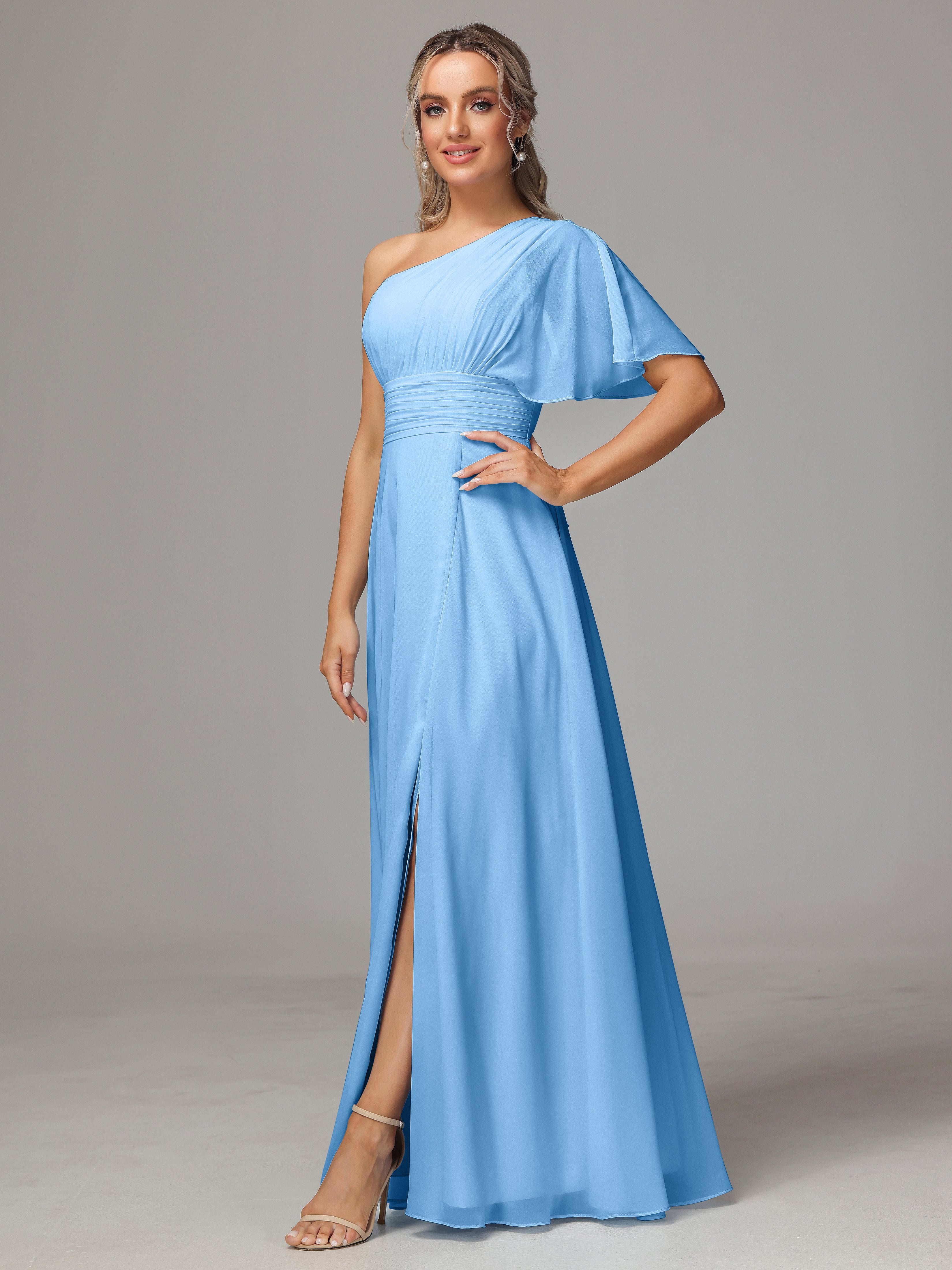 Robes De Demoiselle D'Honneur Bleues Longues Fendue Seule Épaule Mousseline Robe Demoiselle D'Honneur