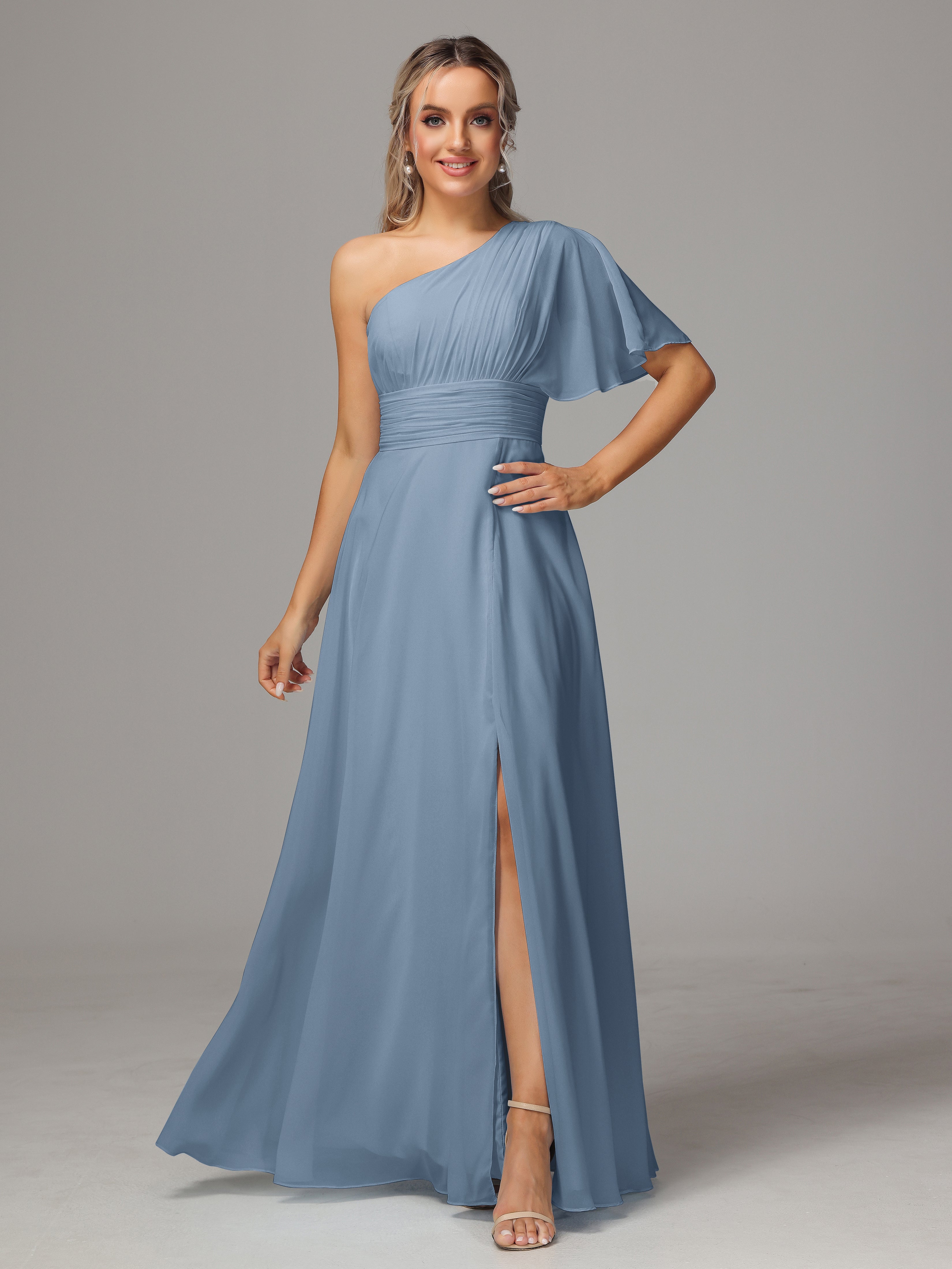 Robes De Demoiselle D'Honneur Bleu De Schiste Fendue Seule Épaule Mousseline Robe Demoiselle D'Honneur