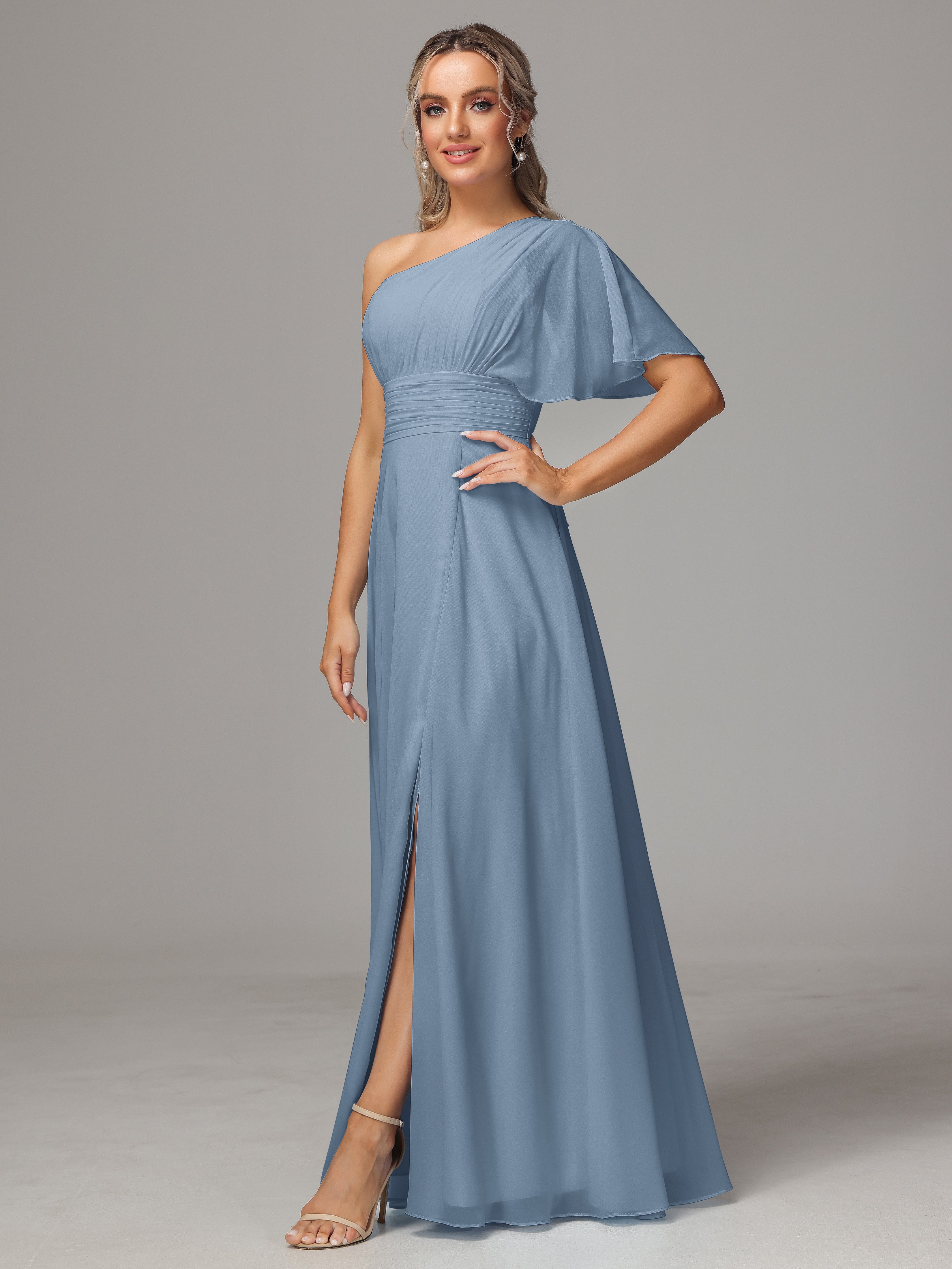 Robes De Demoiselle D'Honneur Bleu De Schiste Fendue Seule Épaule Mousseline Robe Demoiselle D'Honneur