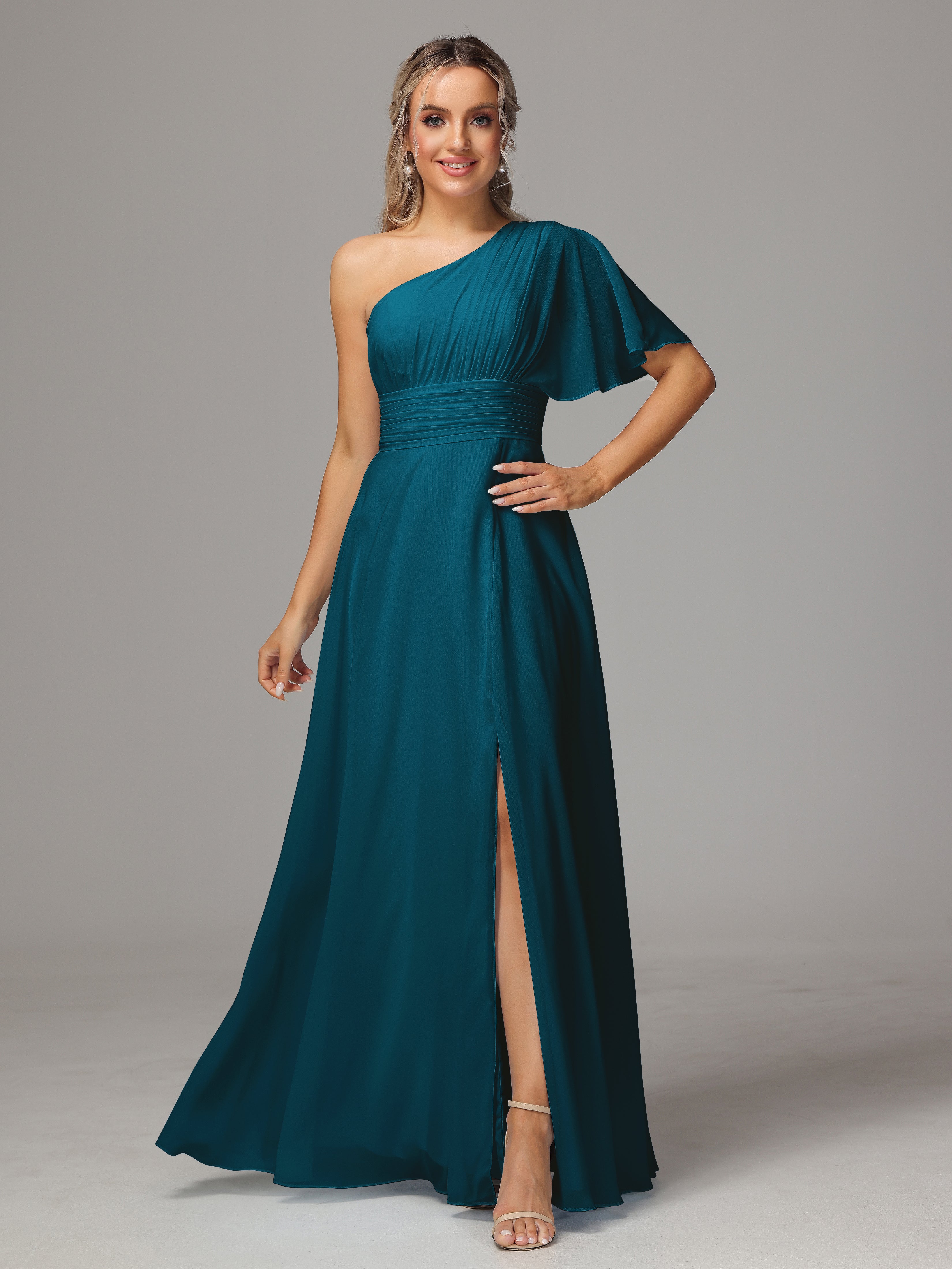 Robe De Demoiselle D'Honneur Bleu Encre Fendue Seule Épaule Mousseline Robe Demoiselle D'Honneur