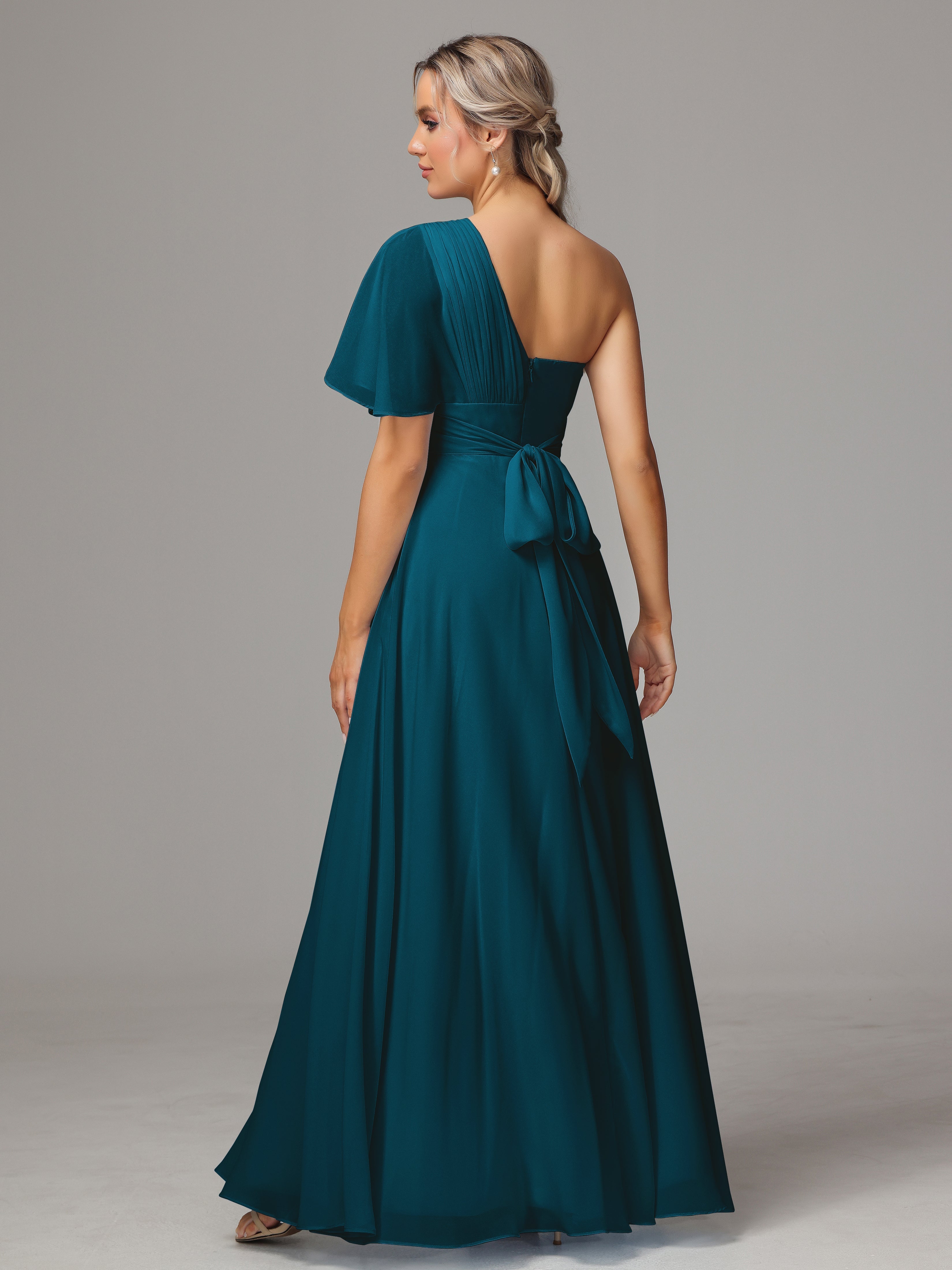 Robe De Demoiselle D'Honneur Bleu Encre Fendue Seule Épaule Mousseline Robe Demoiselle D'Honneur
