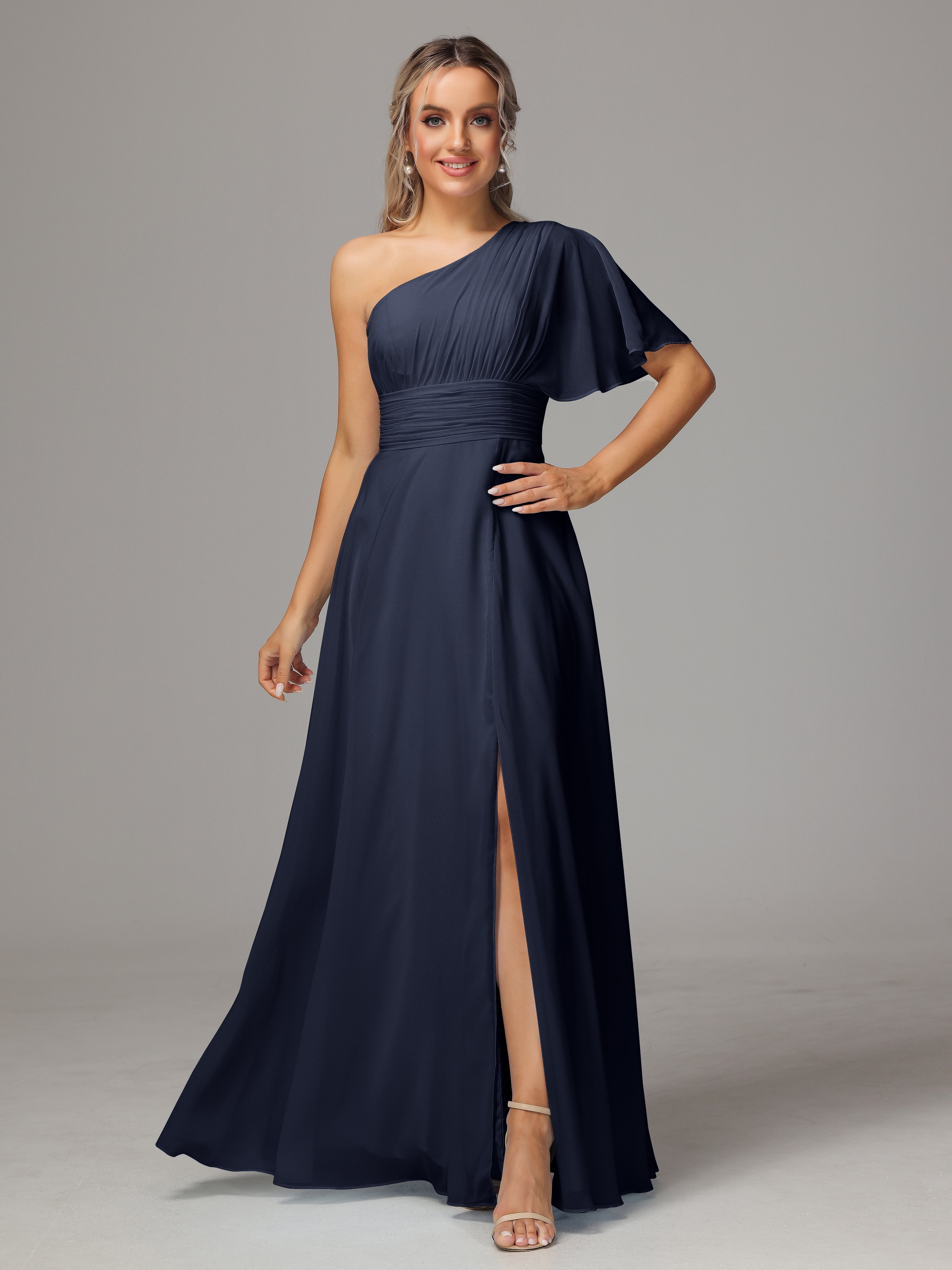 Robe De Demoiselle D Honneur Bleu Marine Fendue Seule Épaule Mousseline Robe Demoiselle D'Honneur