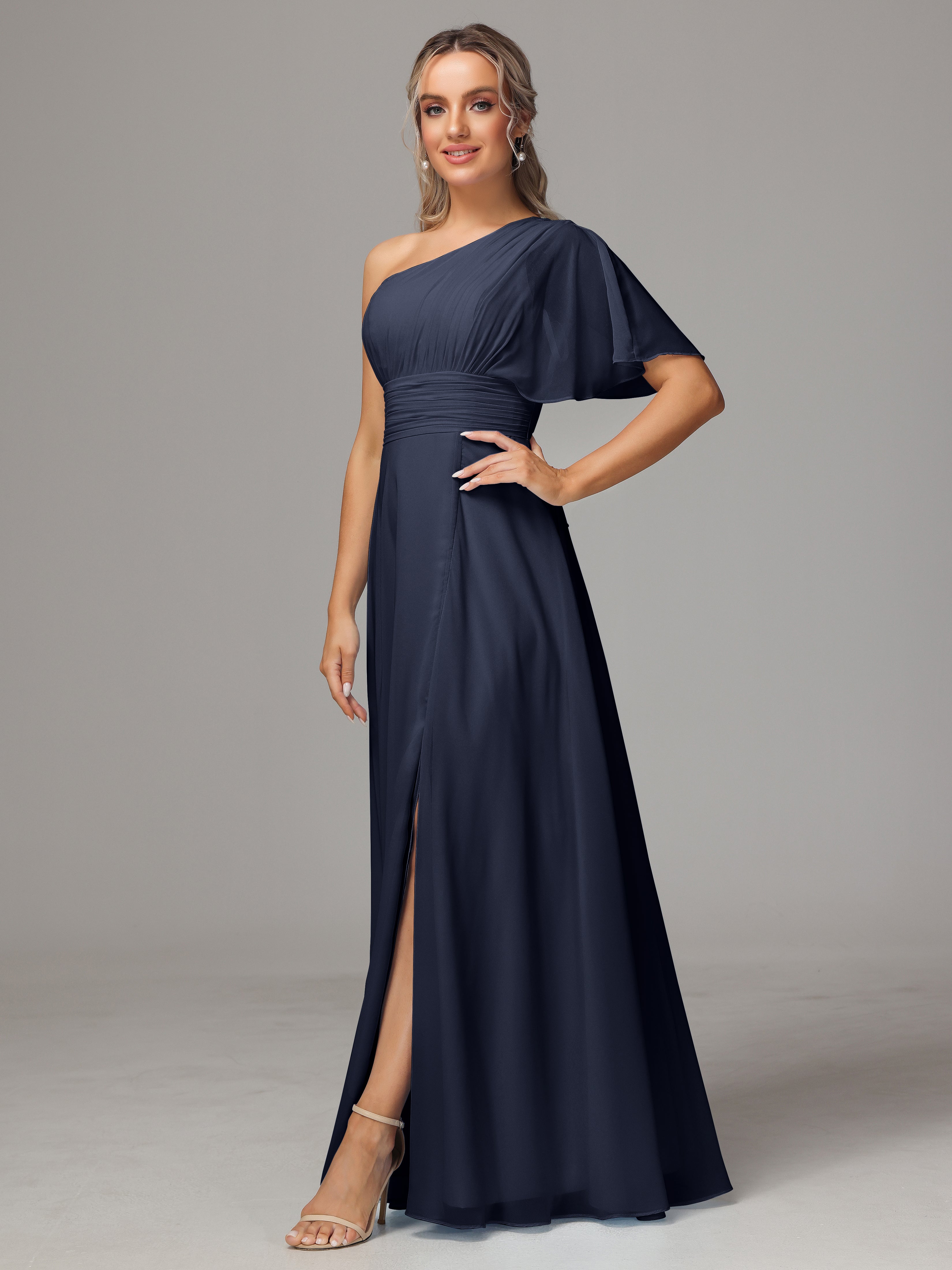 Robe De Demoiselle D Honneur Bleu Marine Fendue Seule Épaule Mousseline Robe Demoiselle D'Honneur