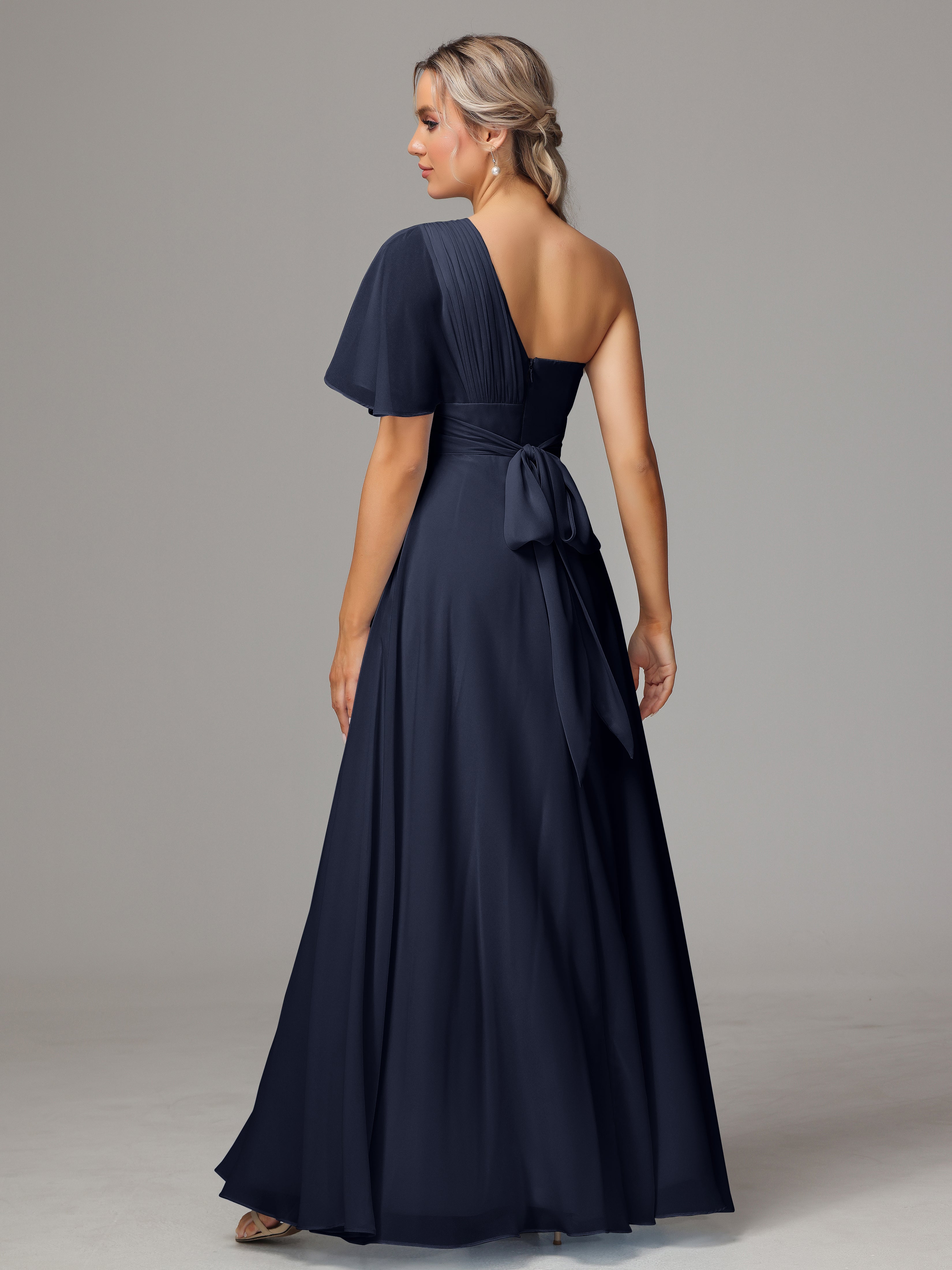 Robe De Demoiselle D Honneur Bleu Marine Fendue Seule Épaule Mousseline Robe Demoiselle D'Honneur