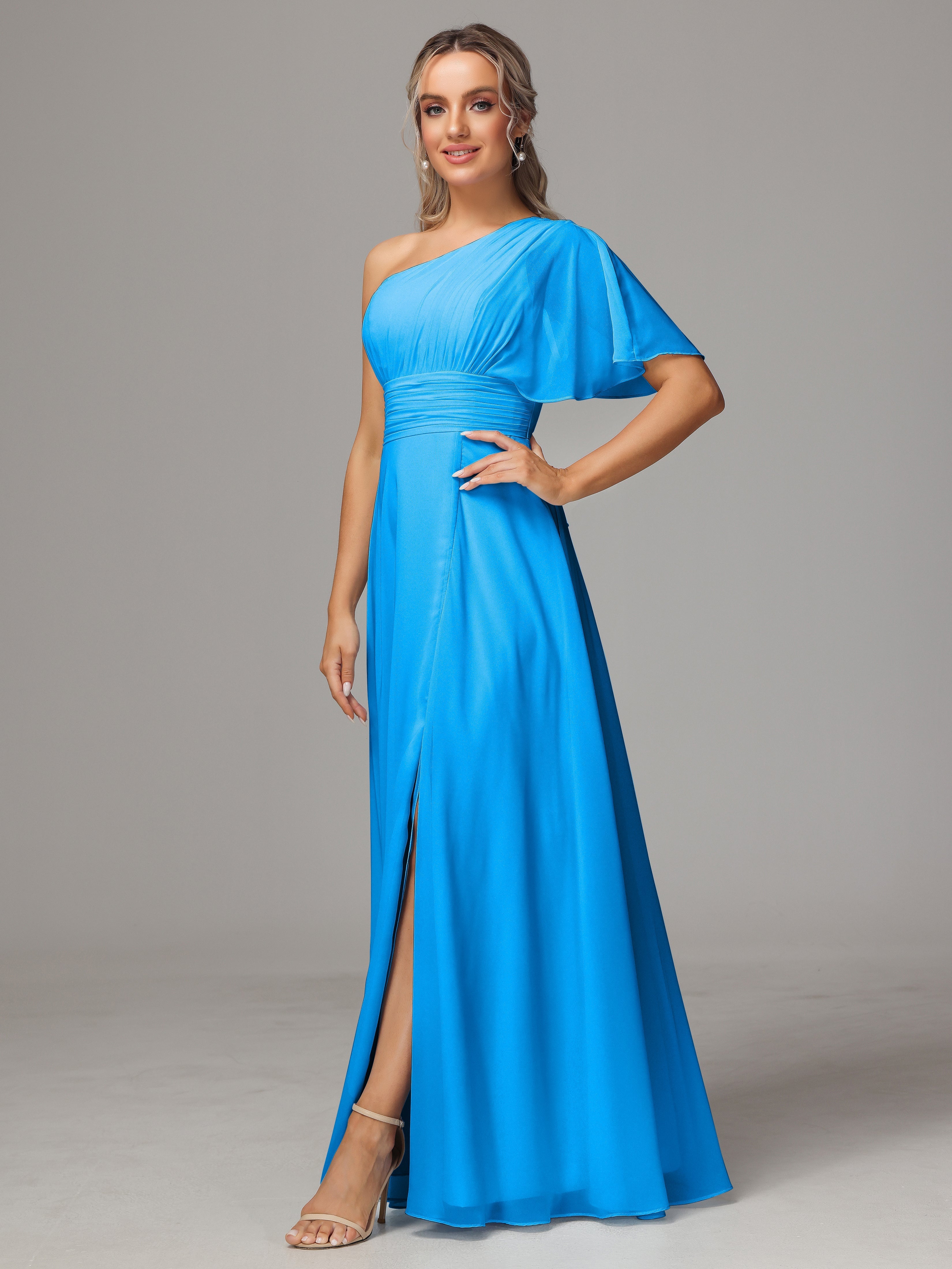 Robes De Demoiselle D'Honneur Bleu Océan Fendue Seule Épaule Mousseline Robe Demoiselle D'Honneur