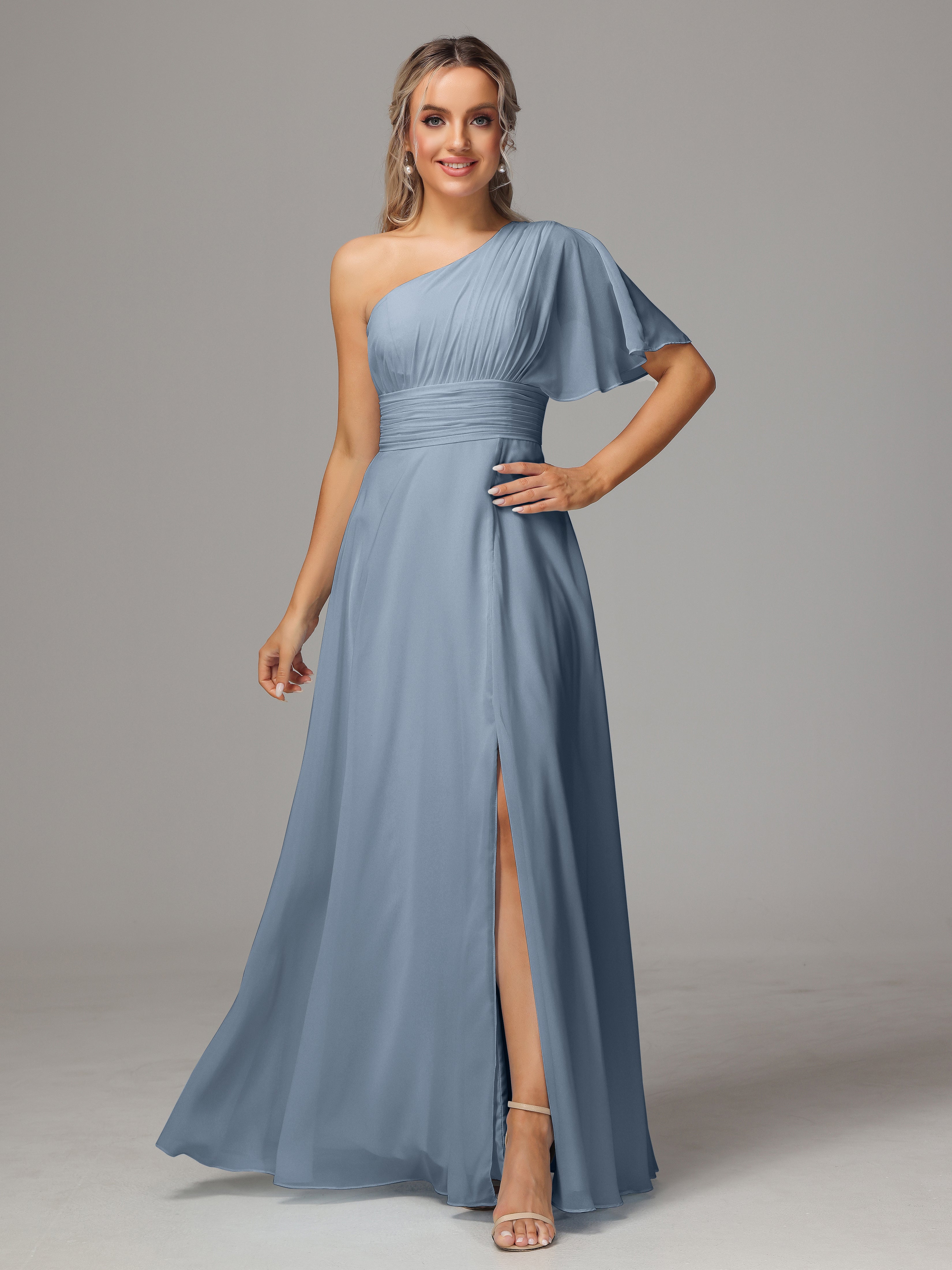 Robes De Demoiselle D'Honneur Bleu Poudre Fendue Seule Épaule Mousseline Robe Demoiselle D'Honneur