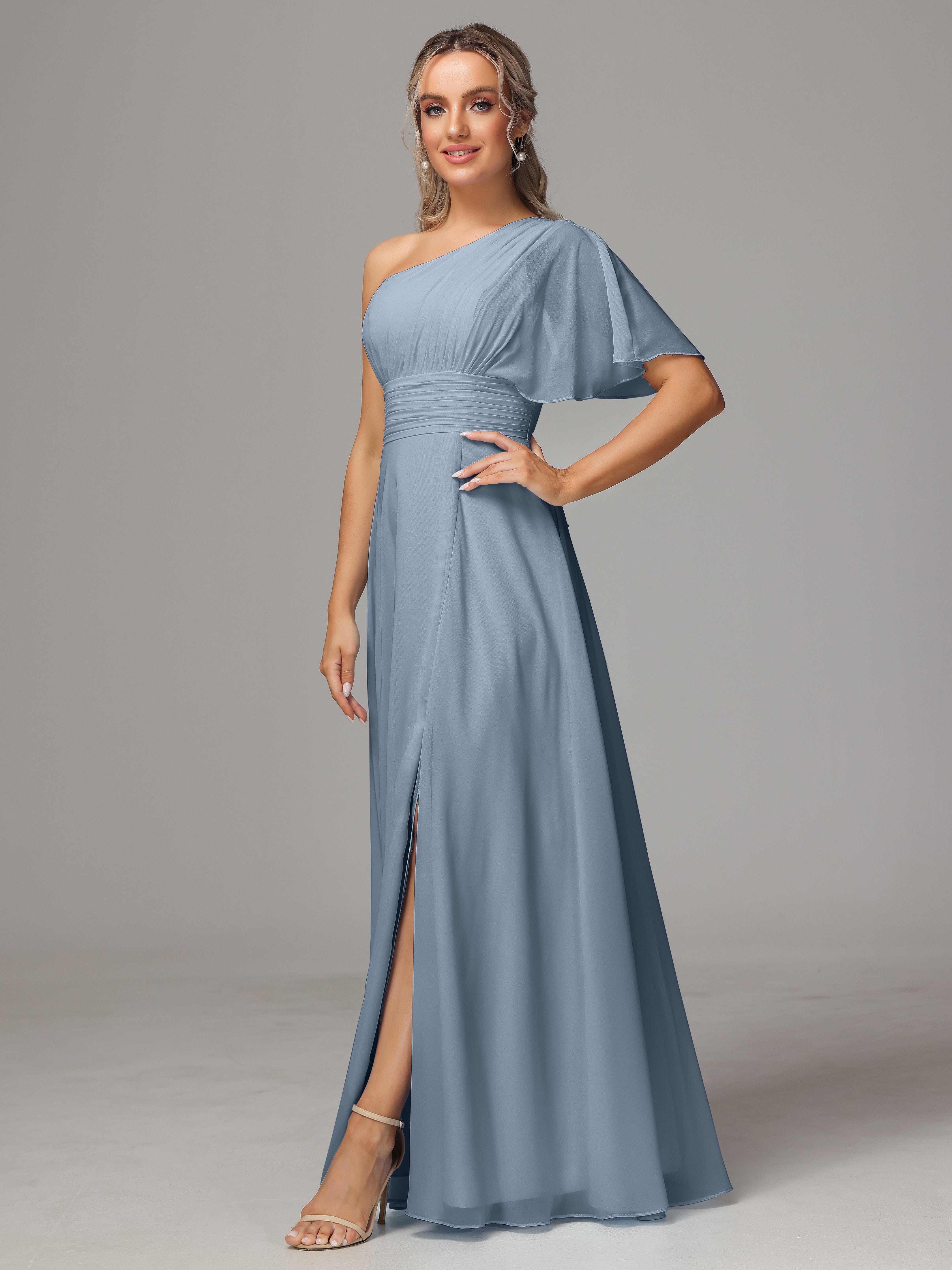 Robes De Demoiselle D'Honneur Bleu Poudre Fendue Seule Épaule Mousseline Robe Demoiselle D'Honneur