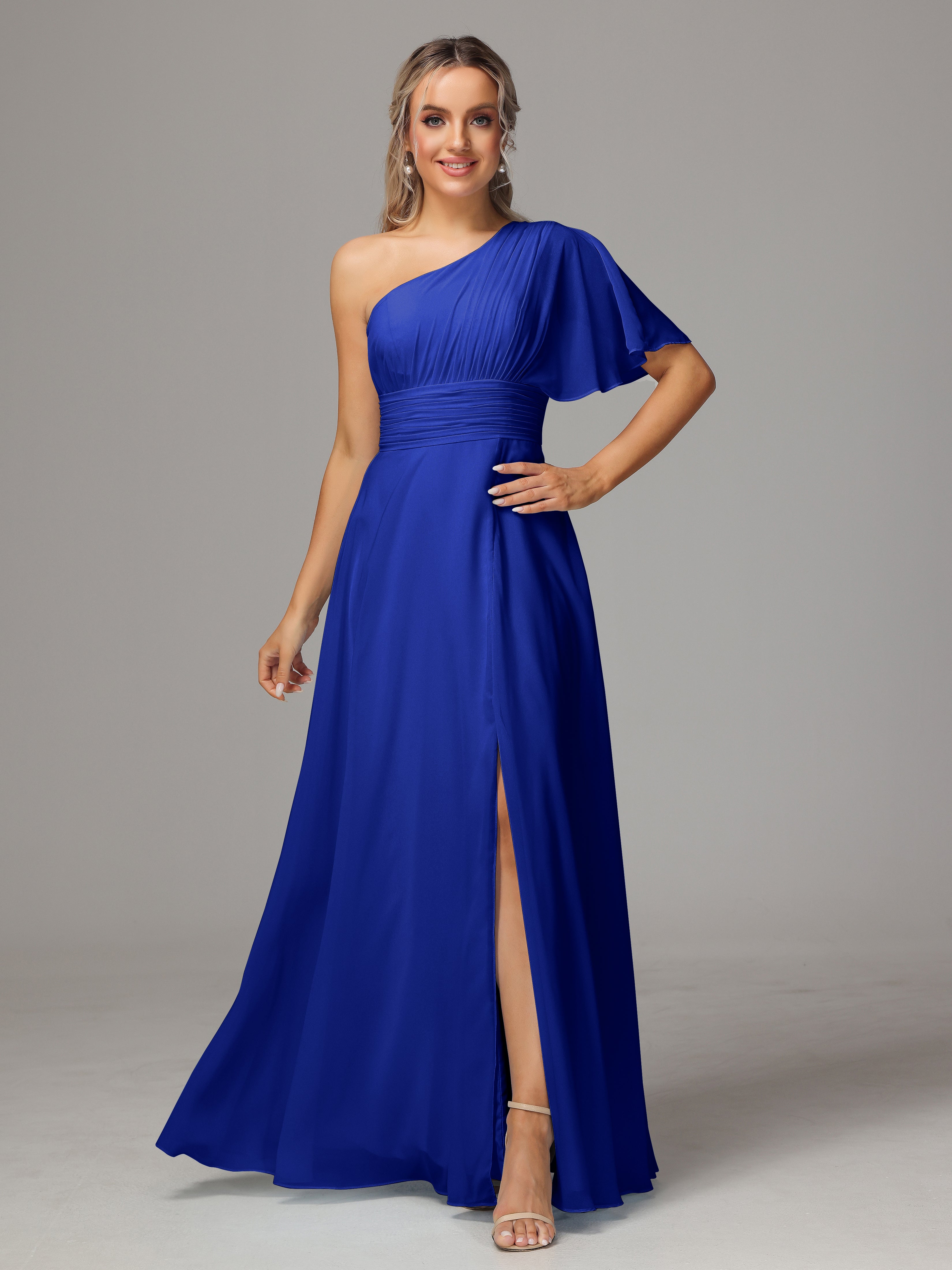 Robe Demoiselle D Honneur Bleue Roi Fendue Seule Épaule Mousseline Robe Demoiselle D'Honneur