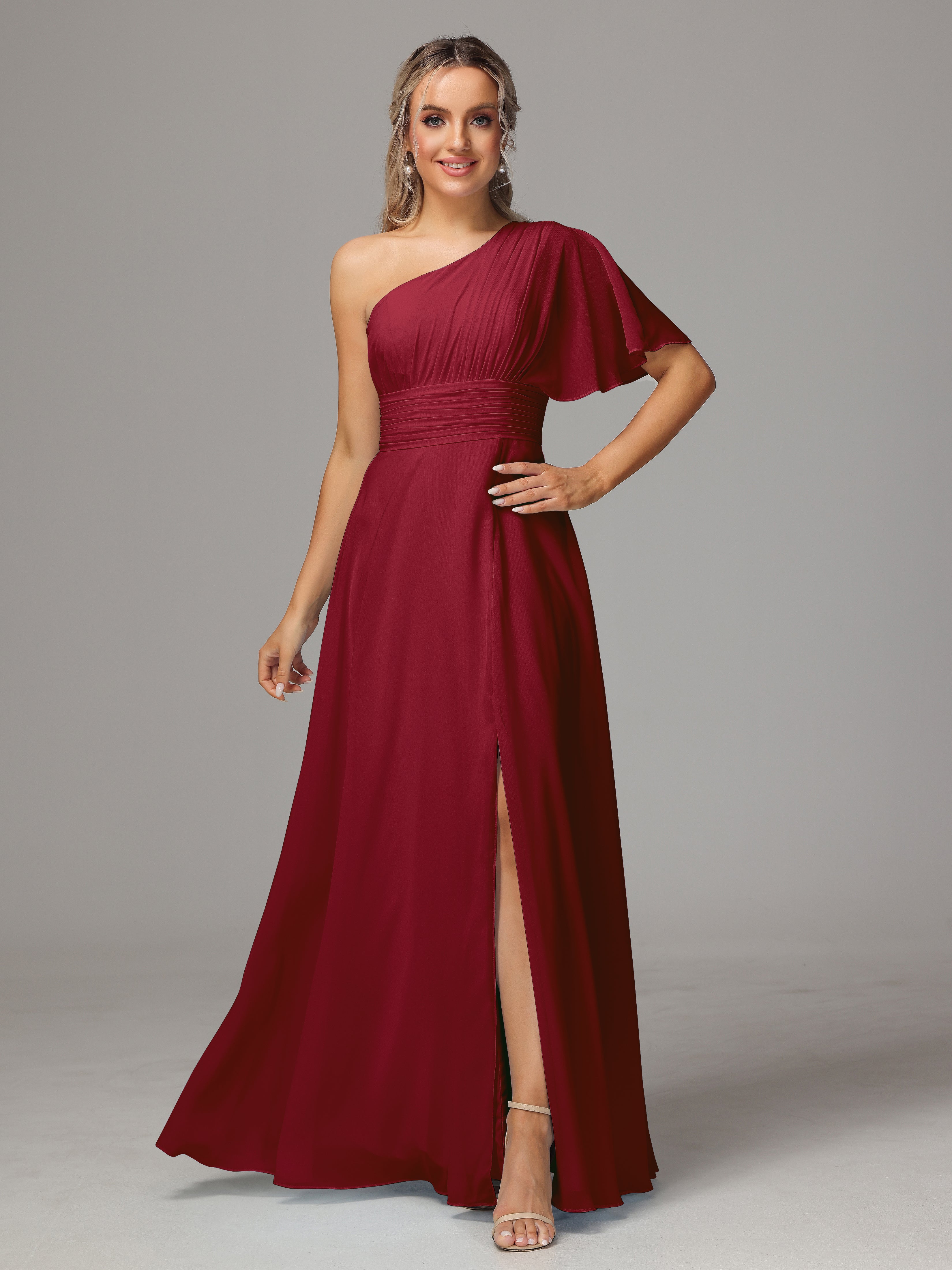 Robes Demoiselle D Honneur Bordeaux Fendue Seule Épaule Mousseline Robe Demoiselle D'Honneur