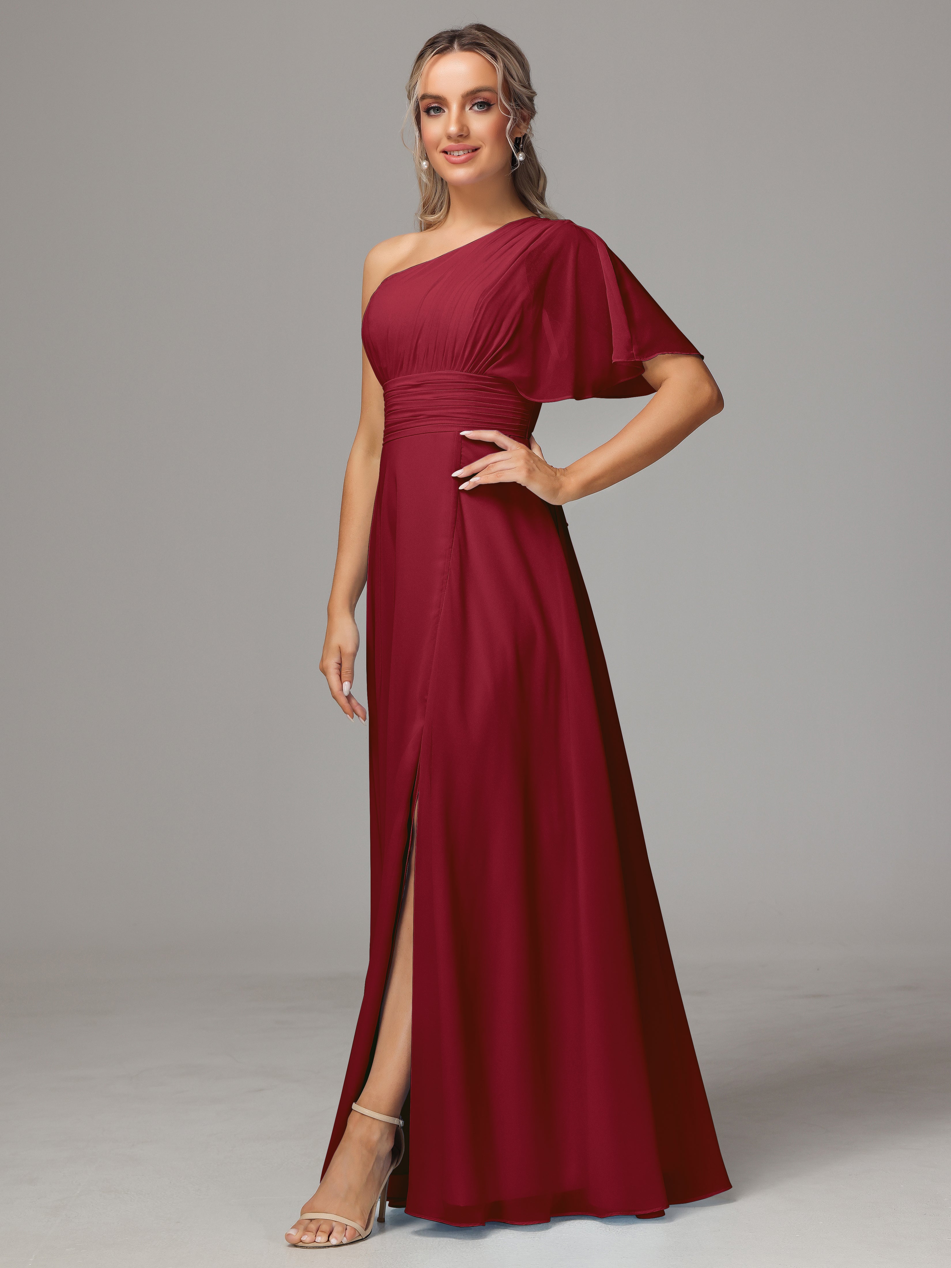 Robes Demoiselle D Honneur Bordeaux Fendue Seule Épaule Mousseline Robe Demoiselle D'Honneur