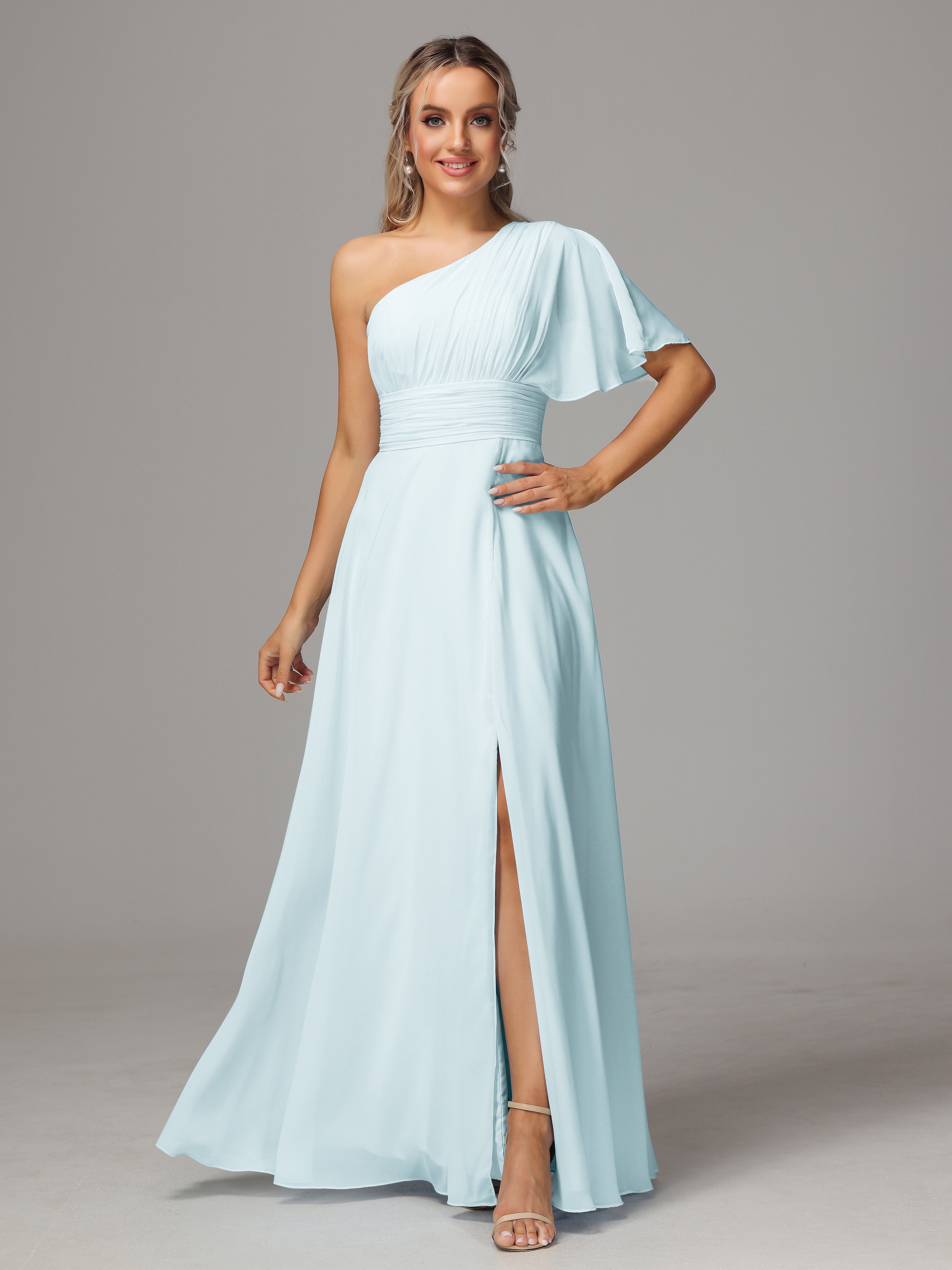Robe De Demoiselle D'Honneur Brume Fendue Seule Épaule Mousseline Robe Demoiselle D'Honneur