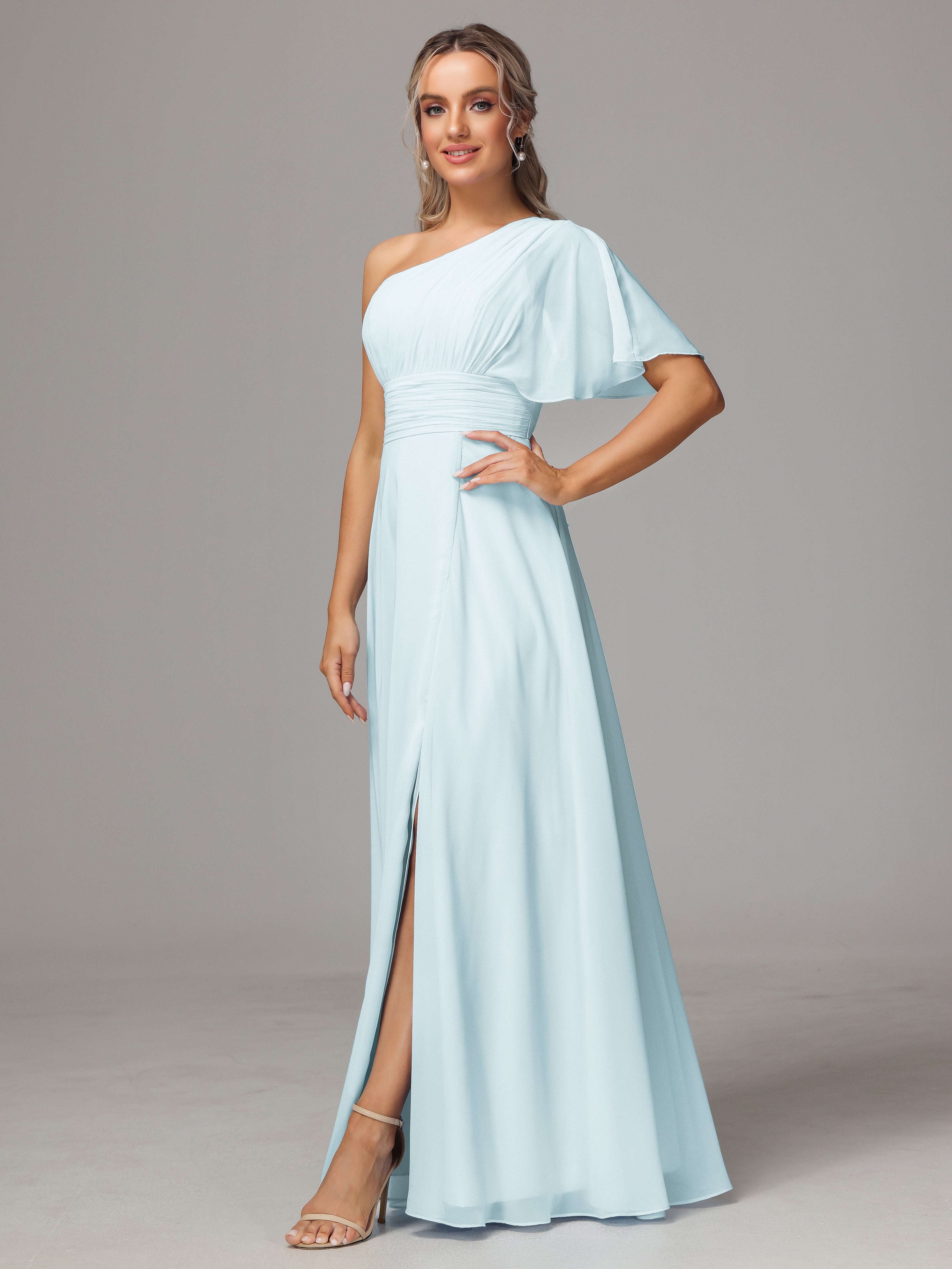 Robe De Demoiselle D'Honneur Brume Fendue Seule Épaule Mousseline Robe Demoiselle D'Honneur